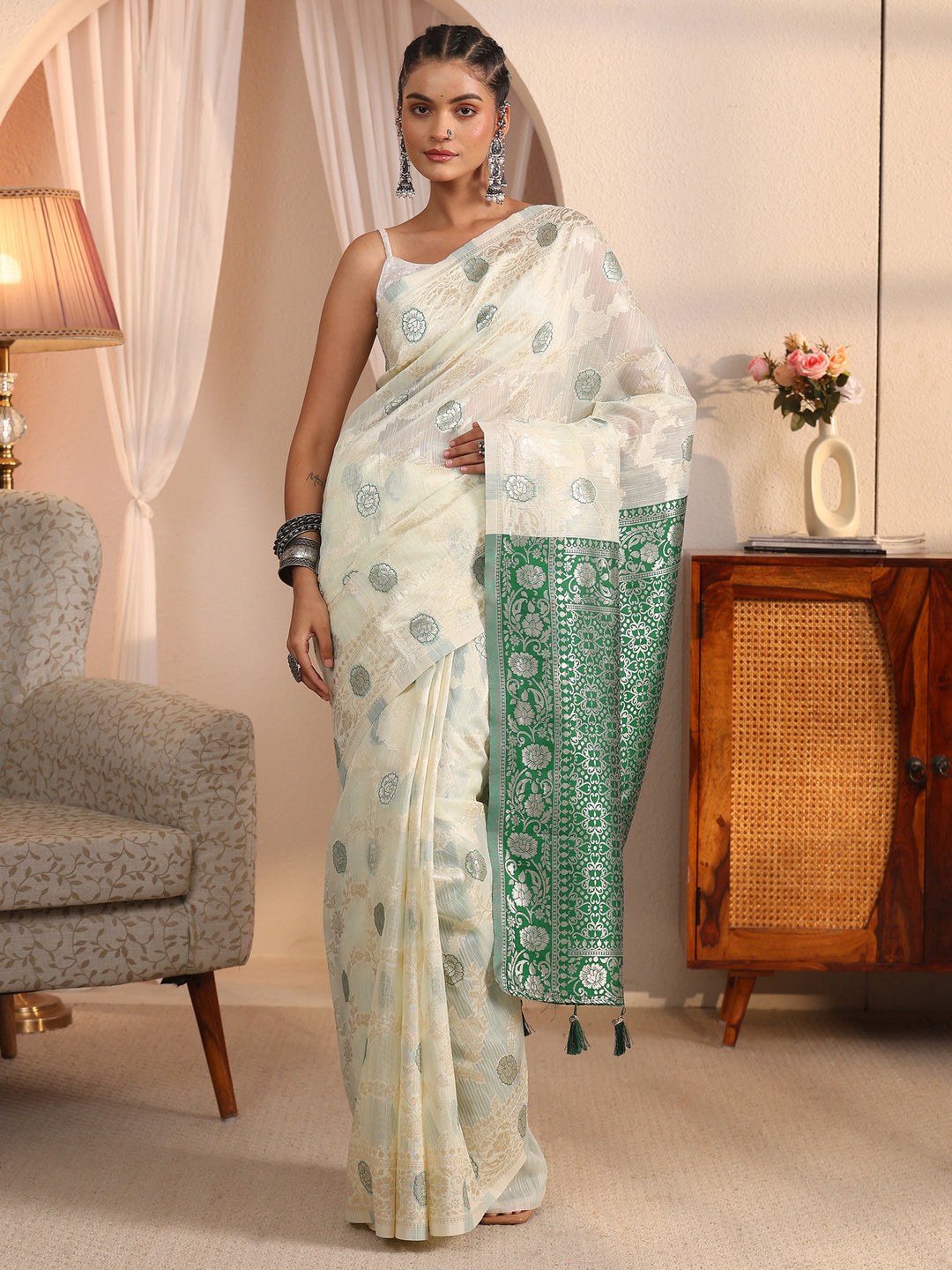  Libas Beige and Green Floral Woven Design Silk Blend Tassel Saree 