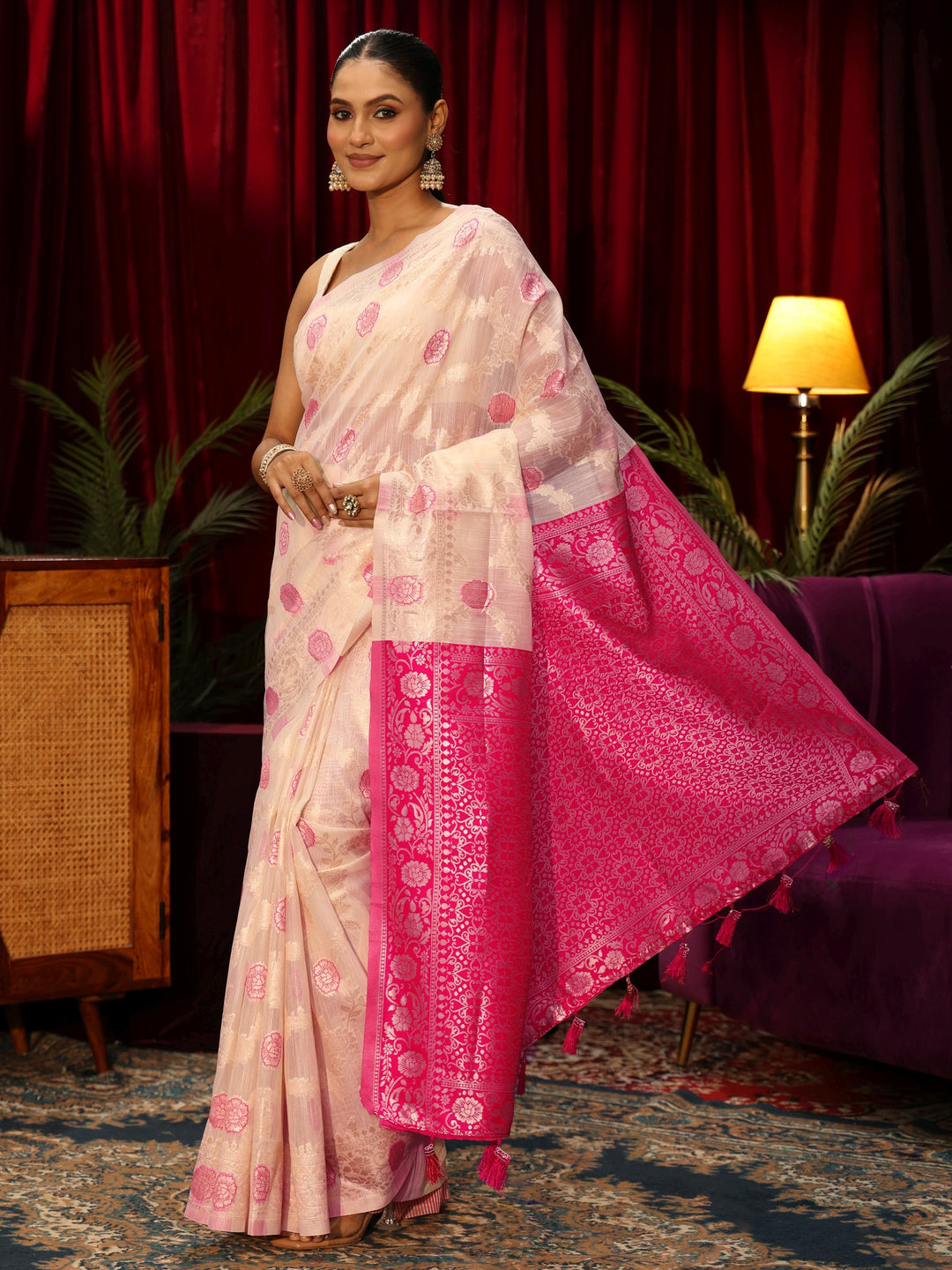  Libas Cream Floral Woven Design Silk Blend Tassel Saree 