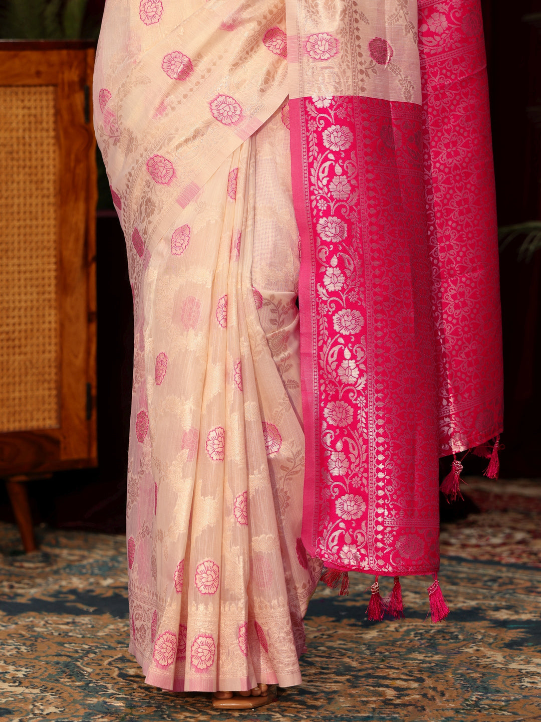  Libas Cream Floral Woven Design Silk Blend Tassel Saree 