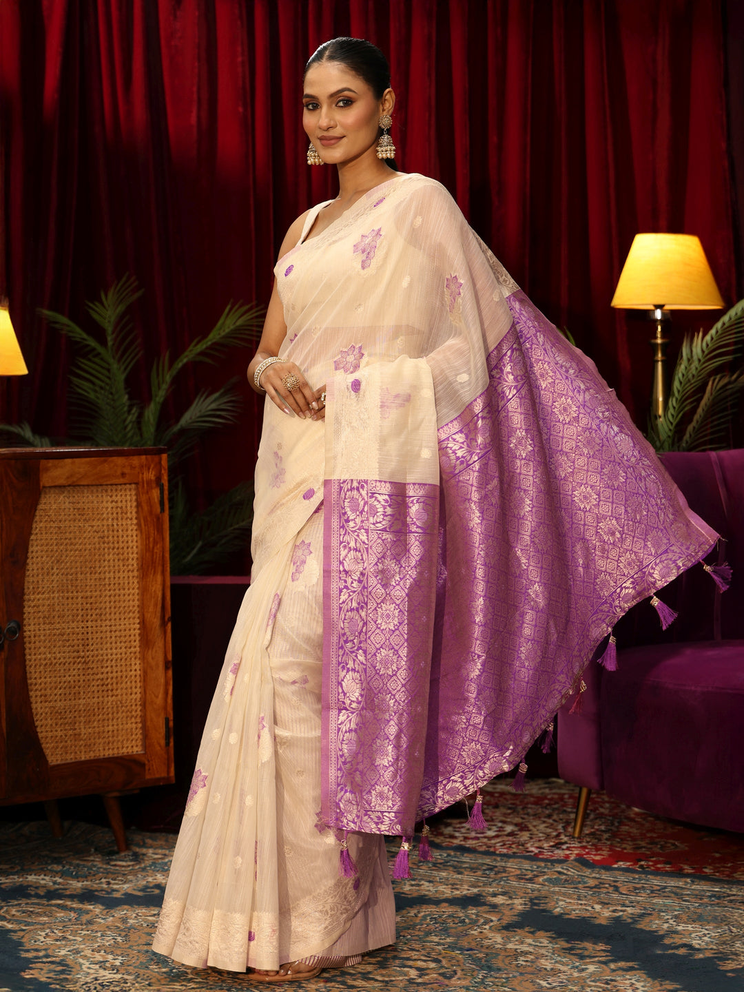  Libas Cream Floral Woven Design Silk Blend Tassel Saree 