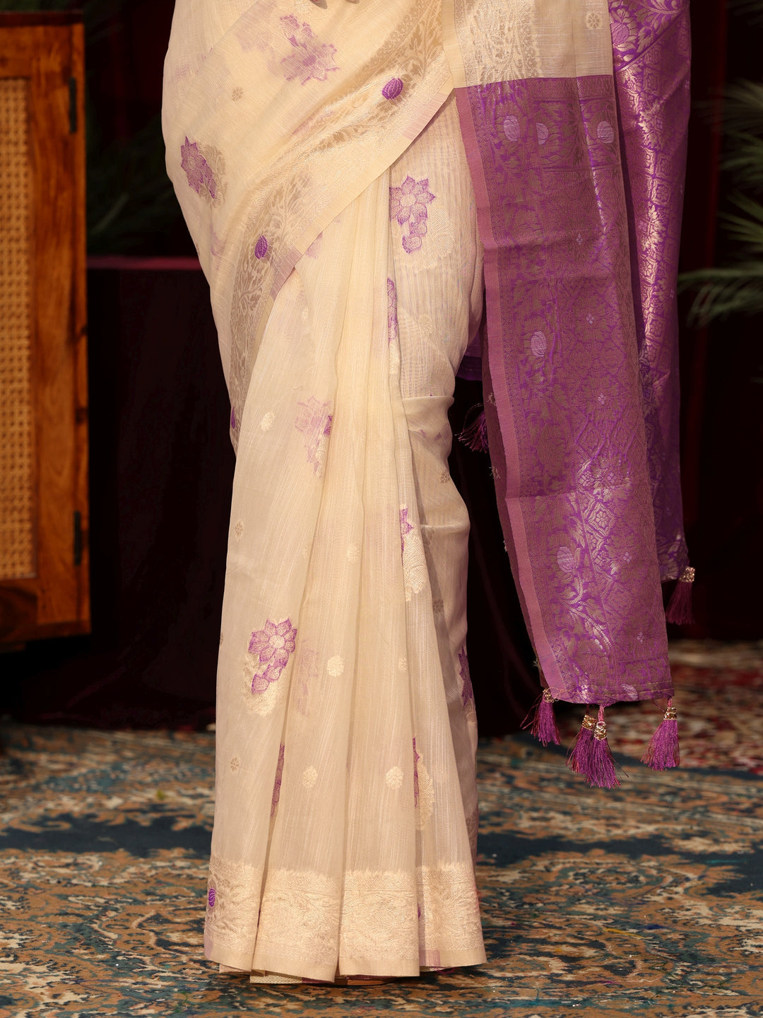  Libas Cream Floral Woven Design Silk Blend Tassel Saree 