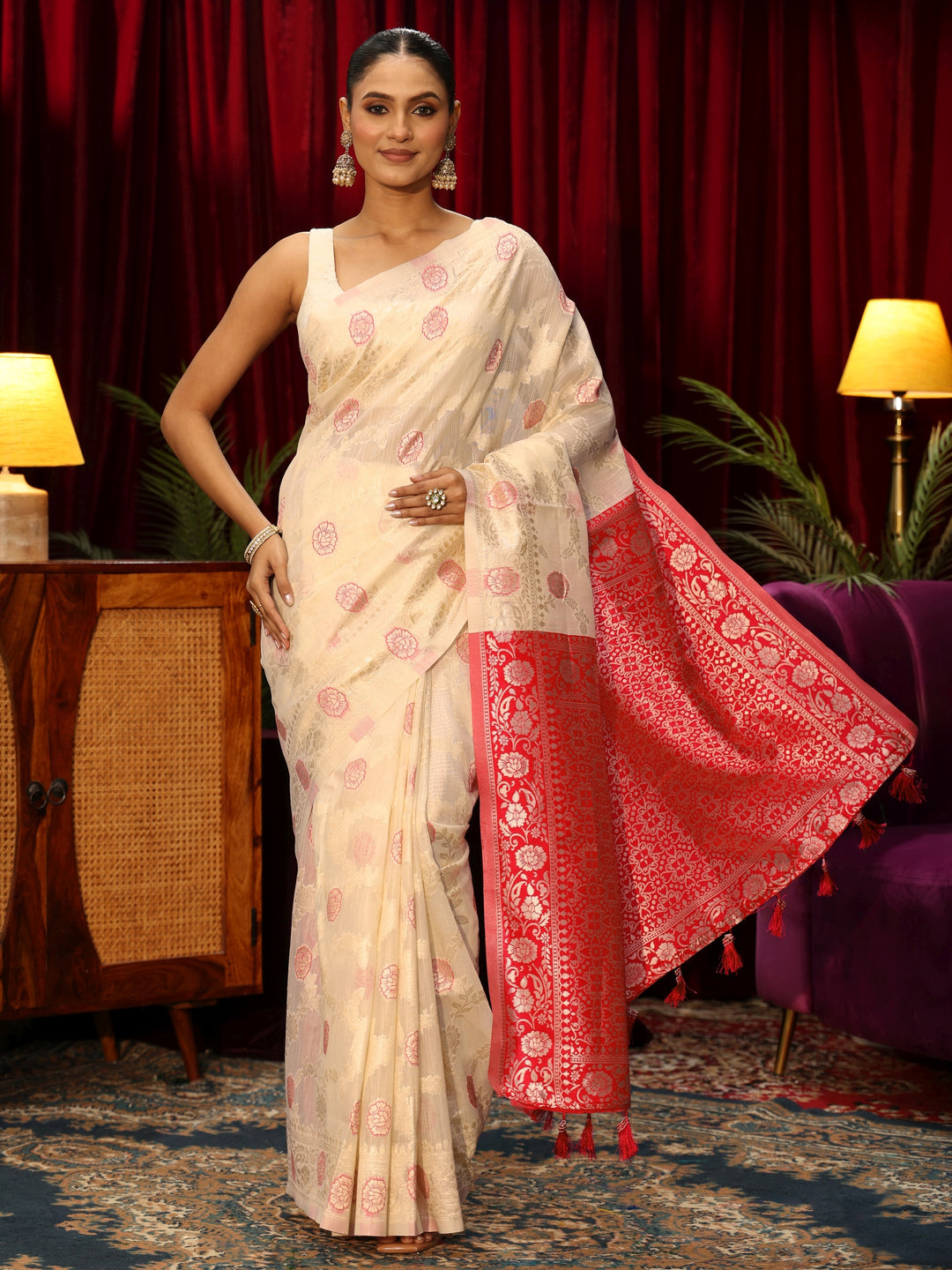  Libas Beige Floral Woven Design Silk Blend Saree 
