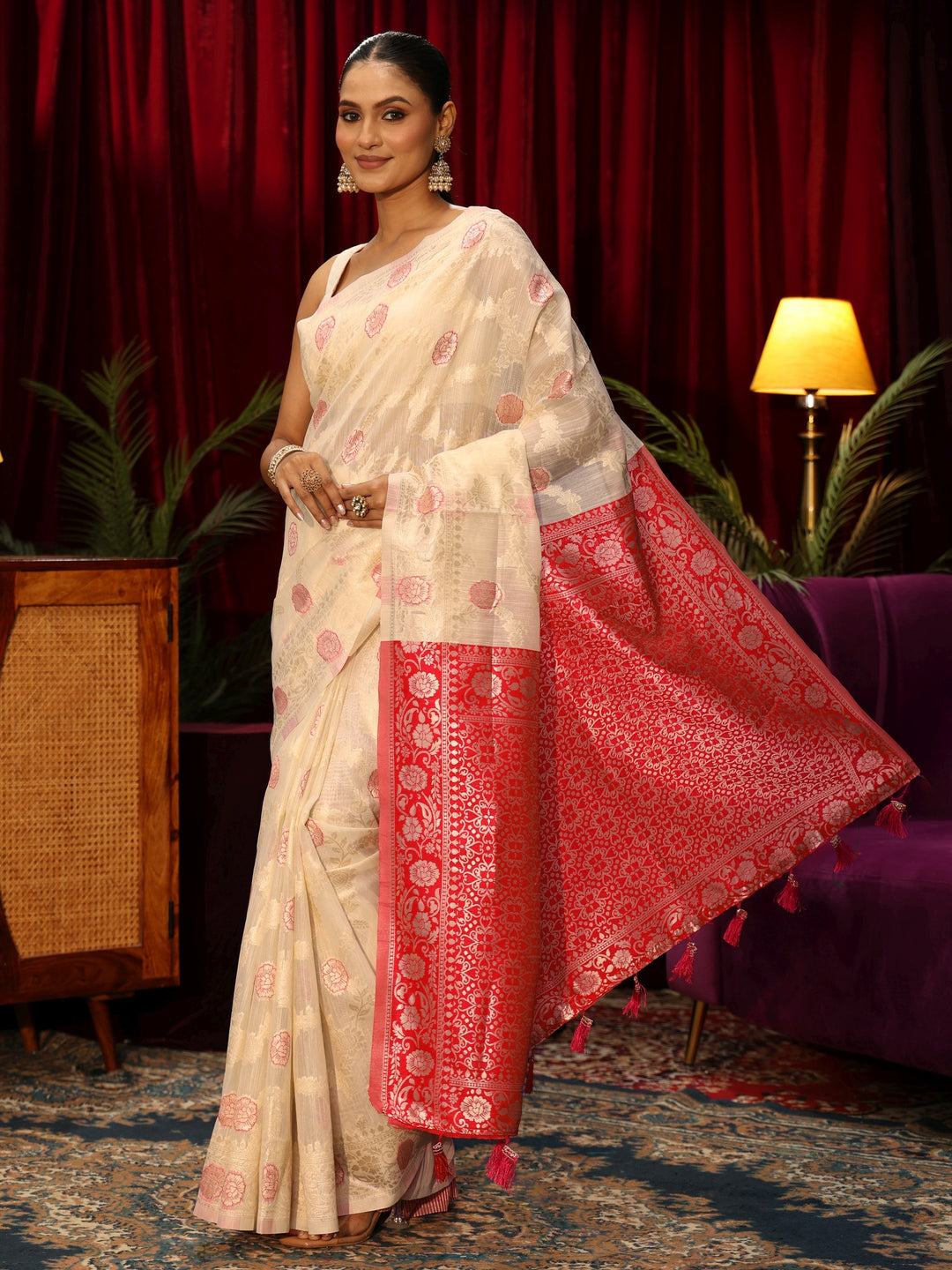  Libas Beige Floral Woven Design Silk Blend Saree 