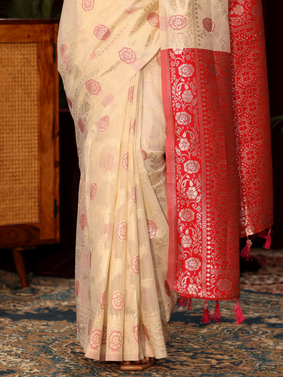  Libas Beige Floral Woven Design Silk Blend Saree 