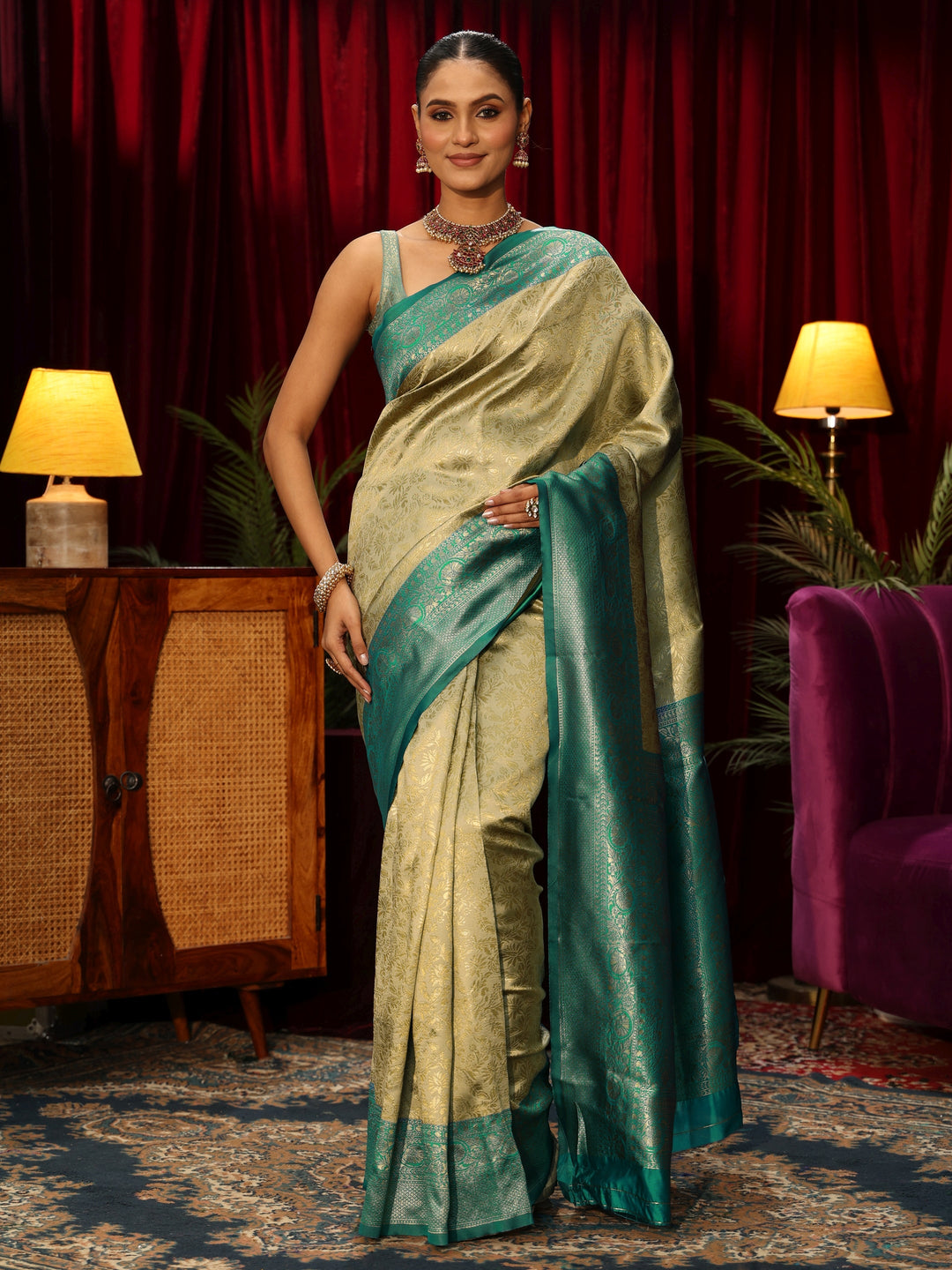  Libas Beige and Sea Green Floral Woven Design Silk Blend Saree 