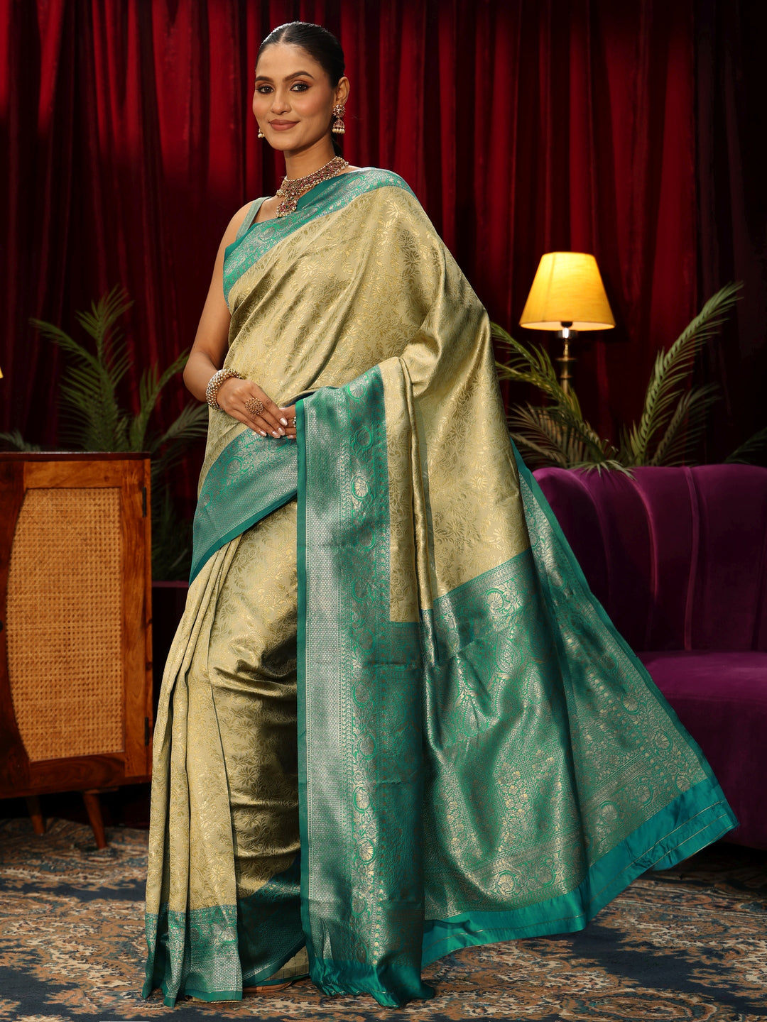  Libas Beige and Sea Green Floral Woven Design Silk Blend Saree 