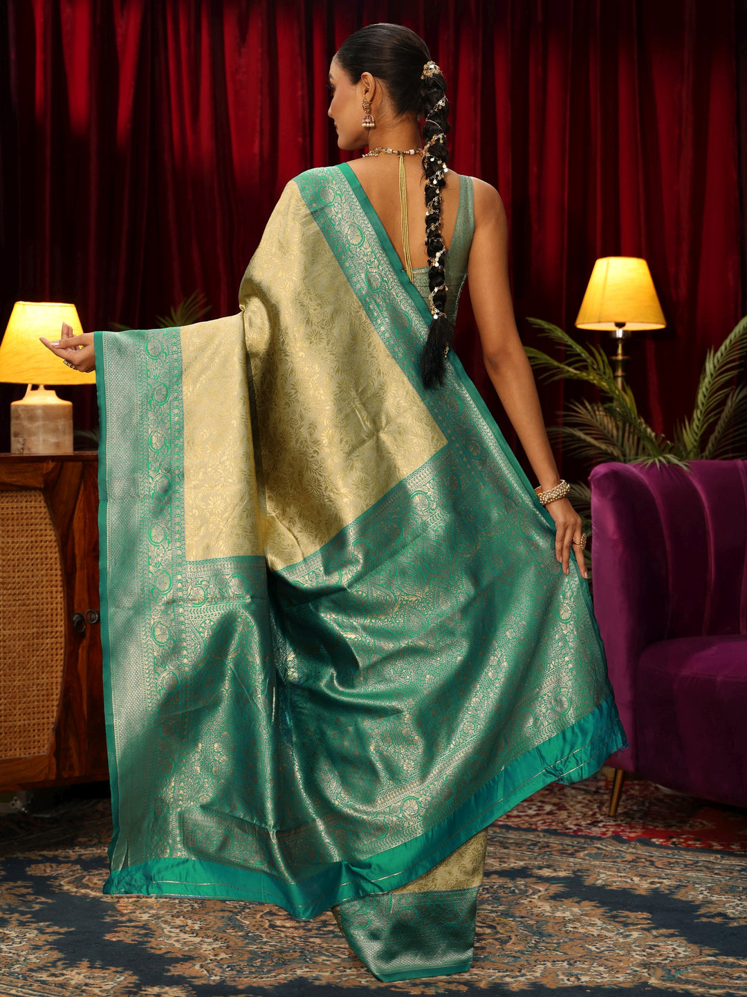  Libas Beige and Sea Green Floral Woven Design Silk Blend Saree 