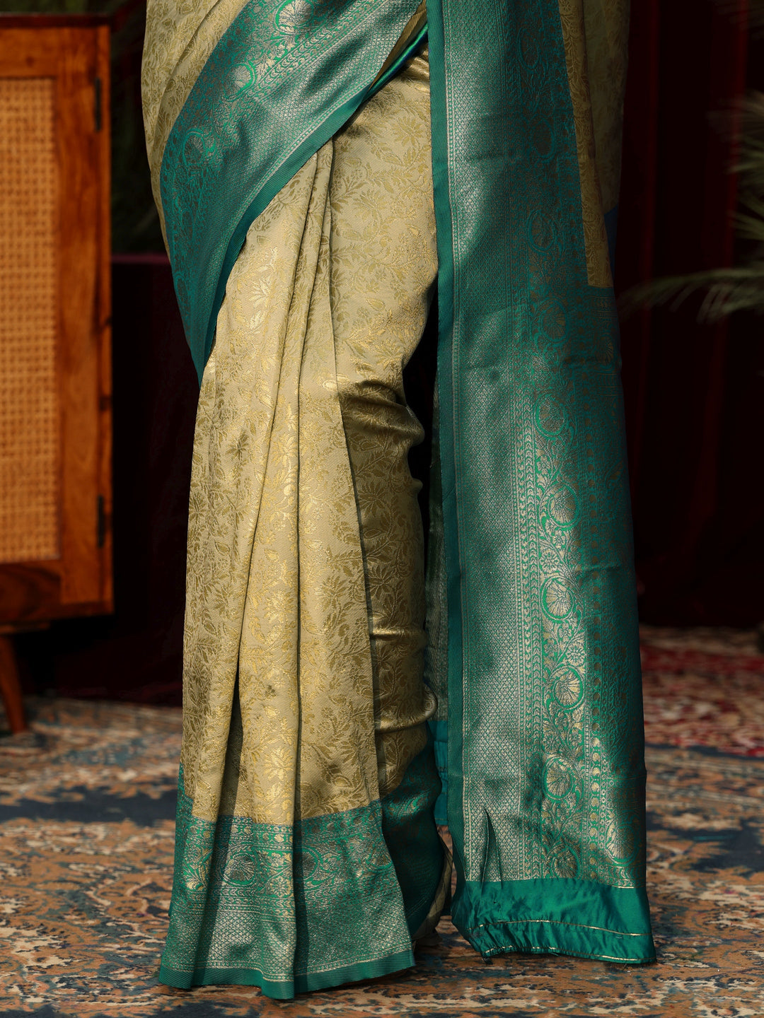  Libas Beige and Sea Green Floral Woven Design Silk Blend Saree 