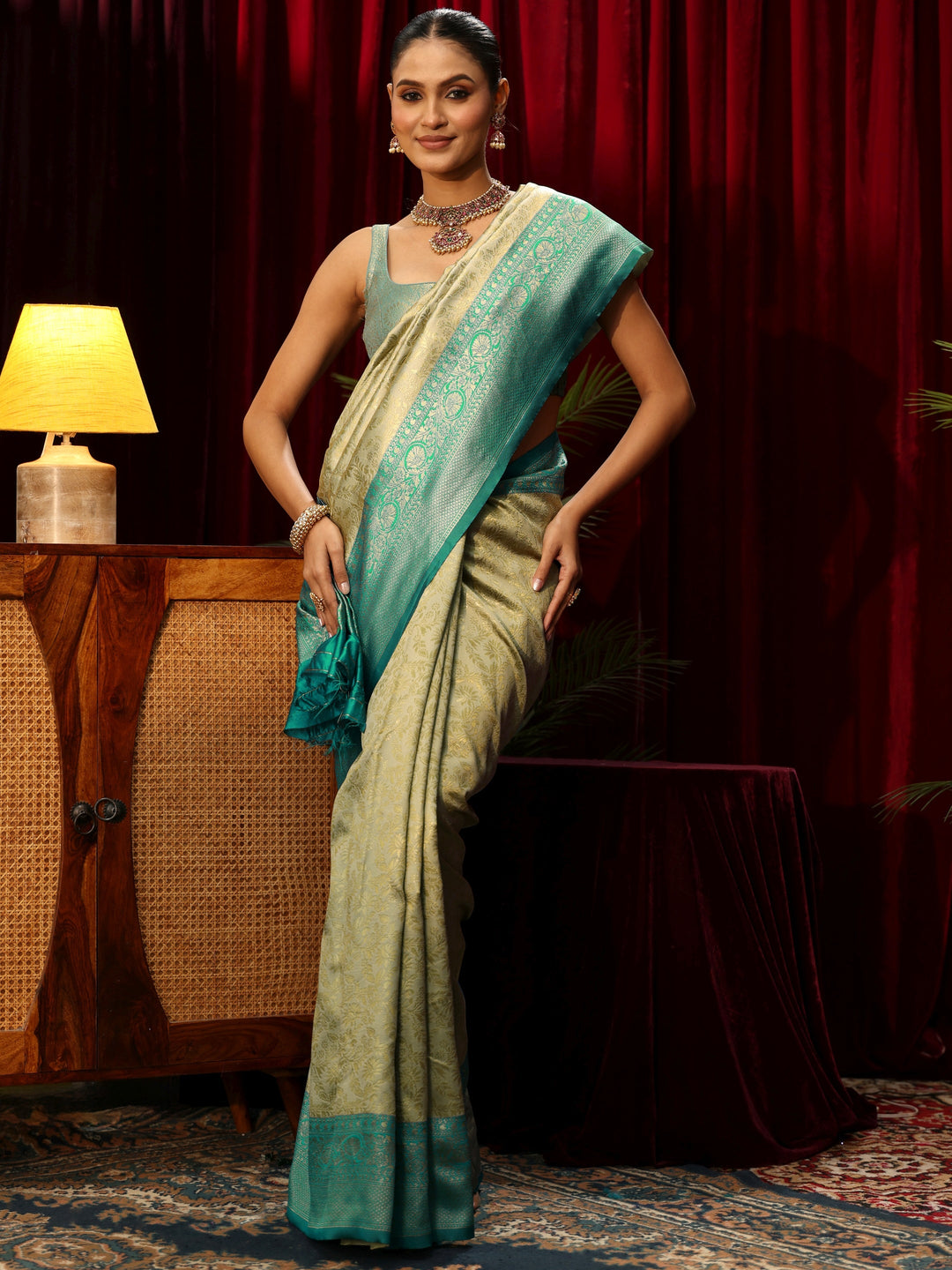  Libas Beige and Sea Green Floral Woven Design Silk Blend Saree 