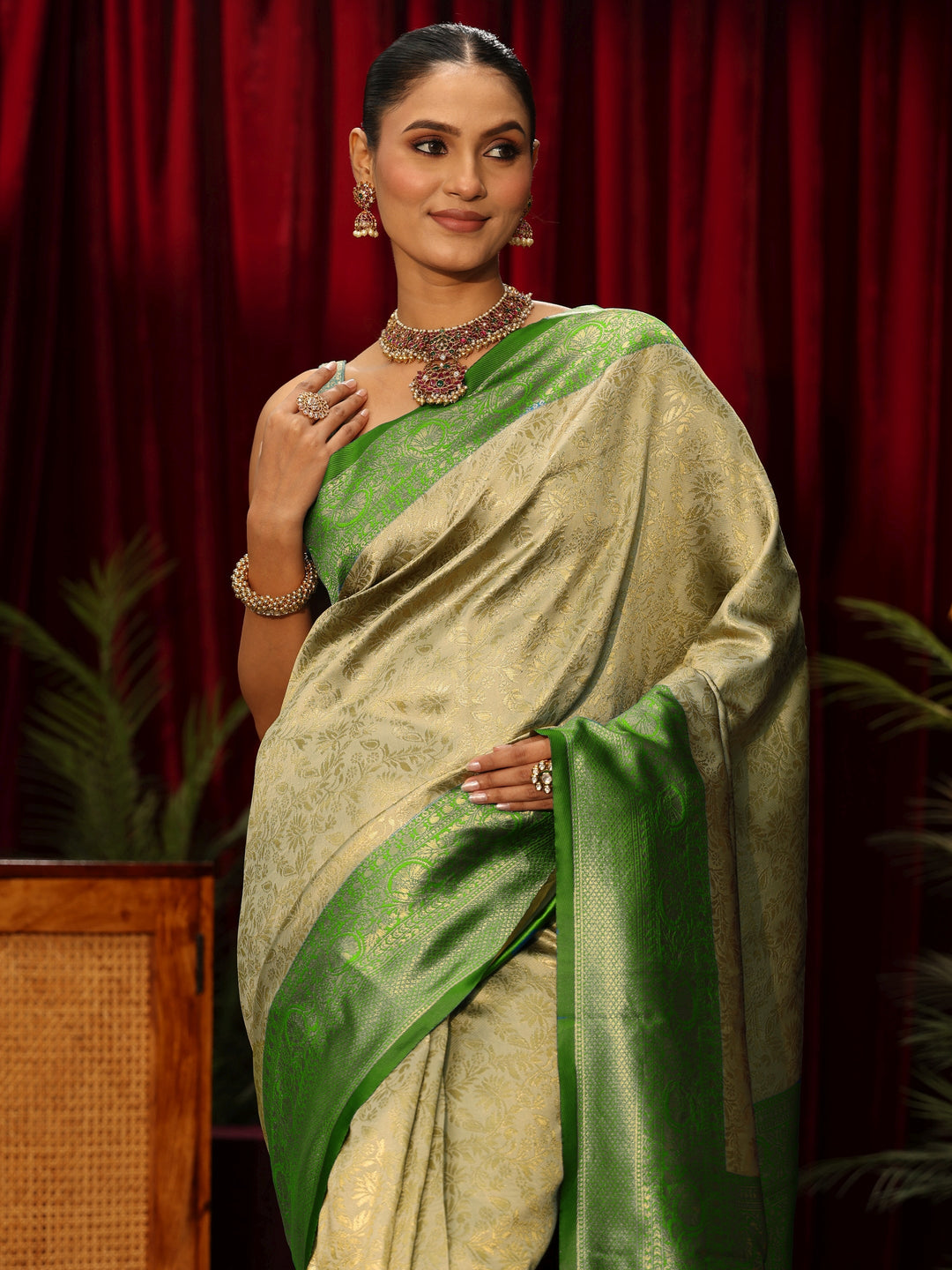  Libas Beige and Green Woven Design Silk Blend Saree 