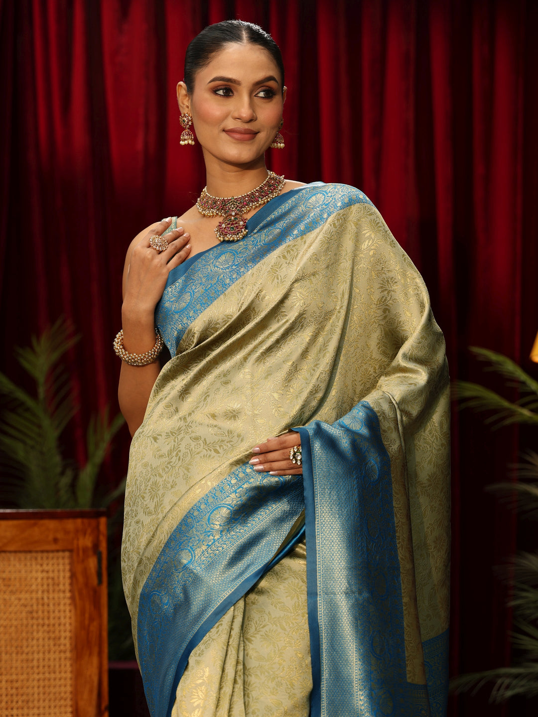  Libas Beige Floral Woven Design Silk Blend Saree 