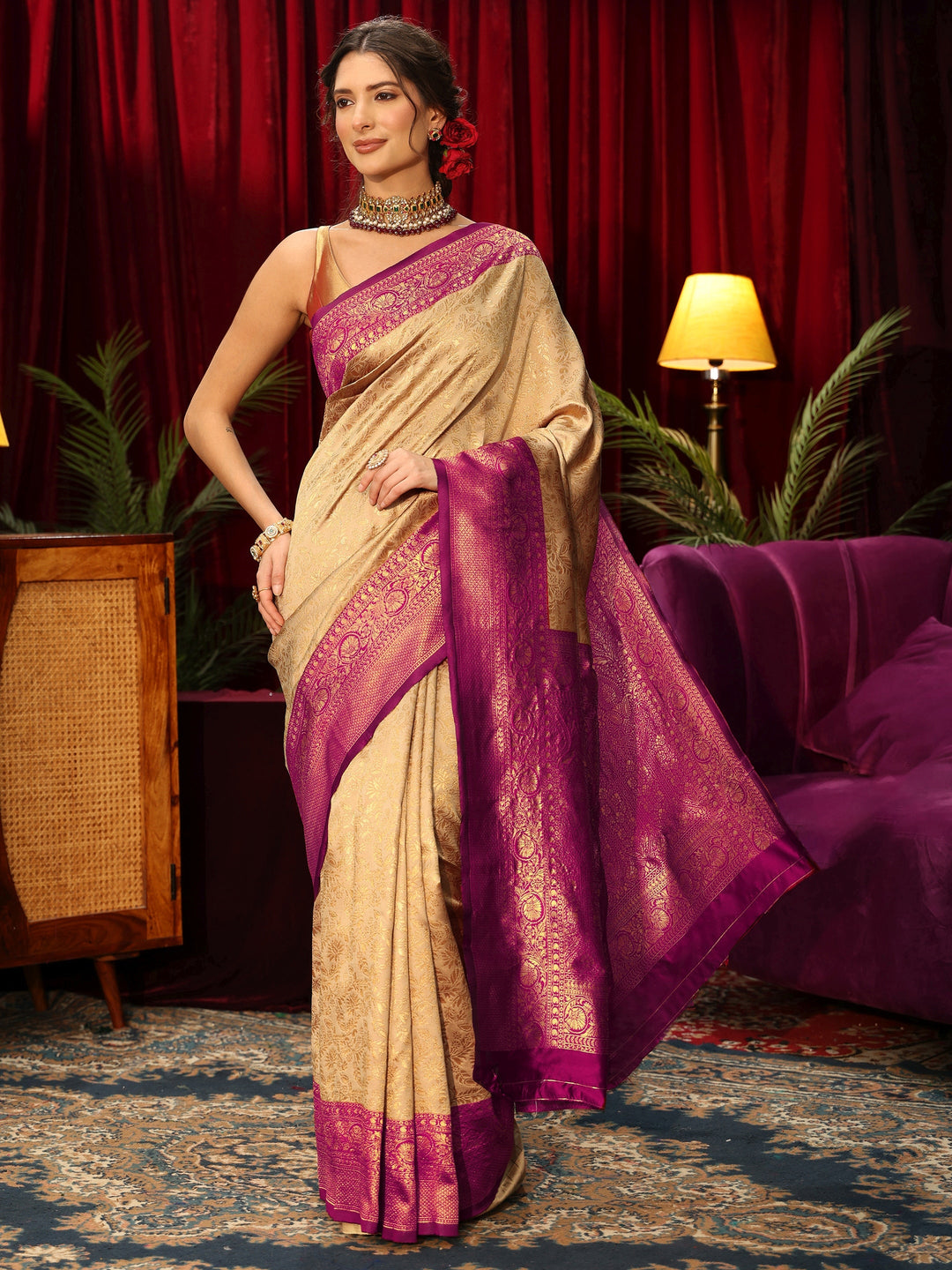  Libas Beige and Purple Floral Woven Design Silk Blend Saree 