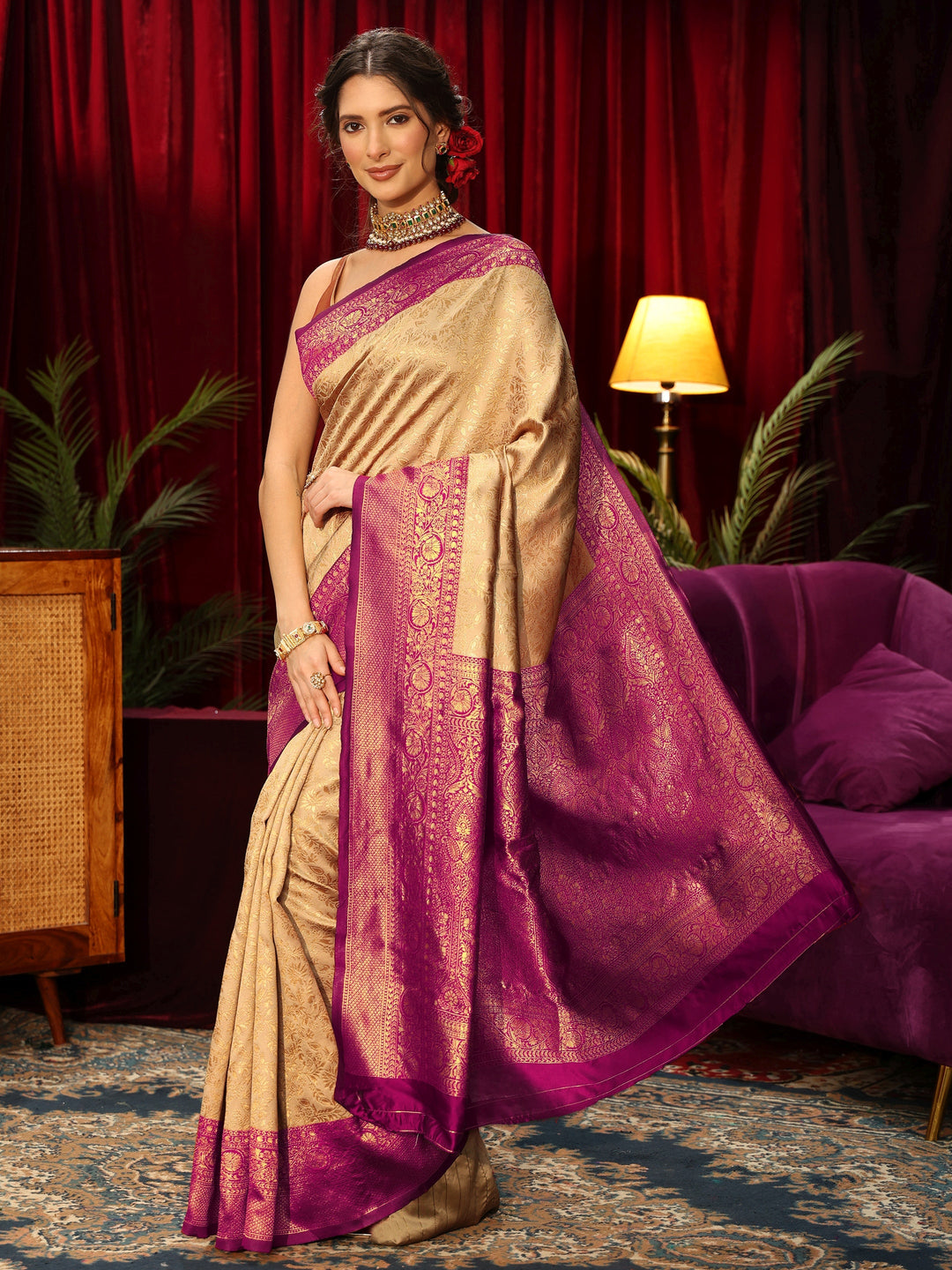  Libas Beige and Purple Floral Woven Design Silk Blend Saree 