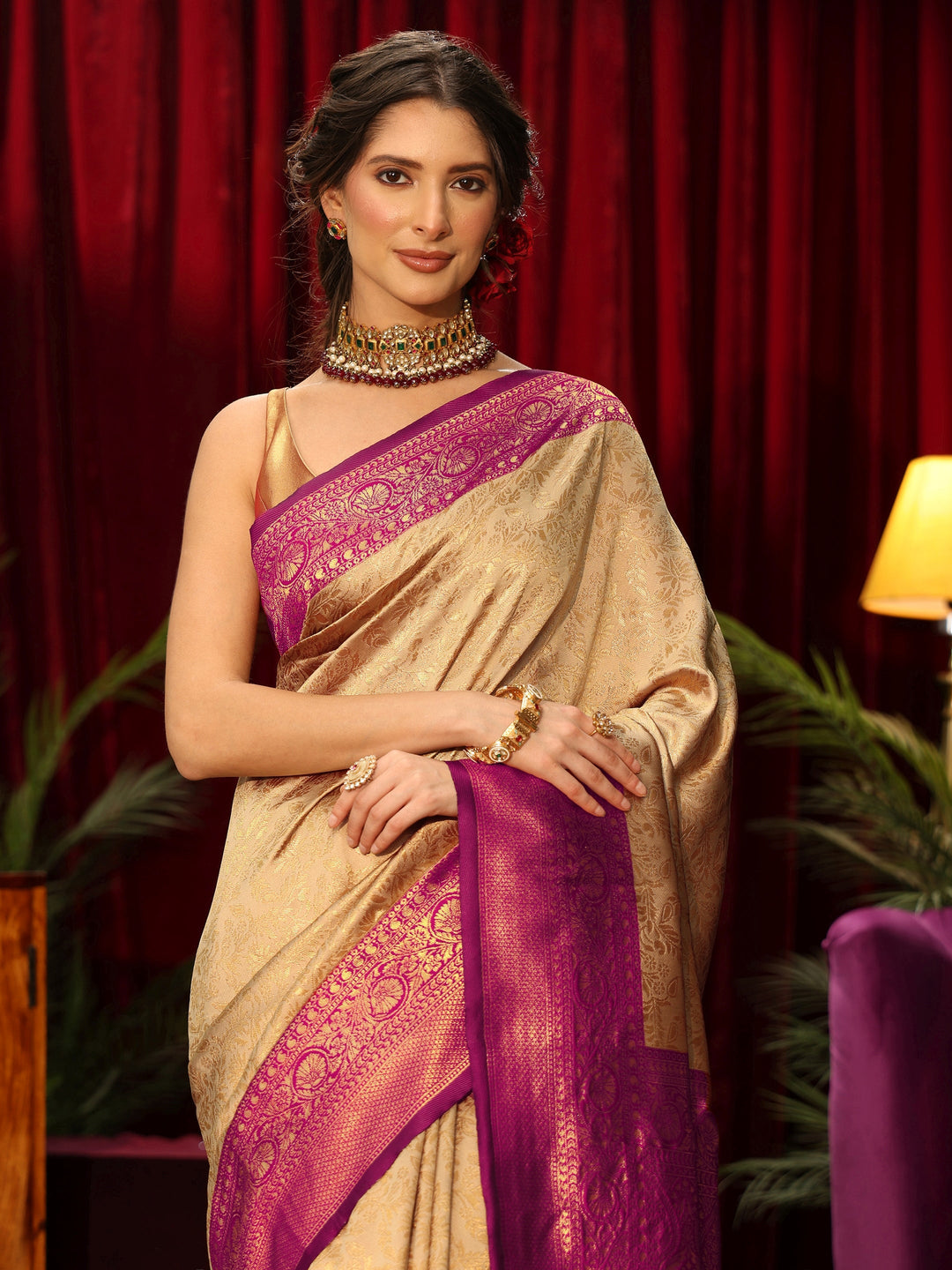  Libas Beige and Purple Floral Woven Design Silk Blend Saree 
