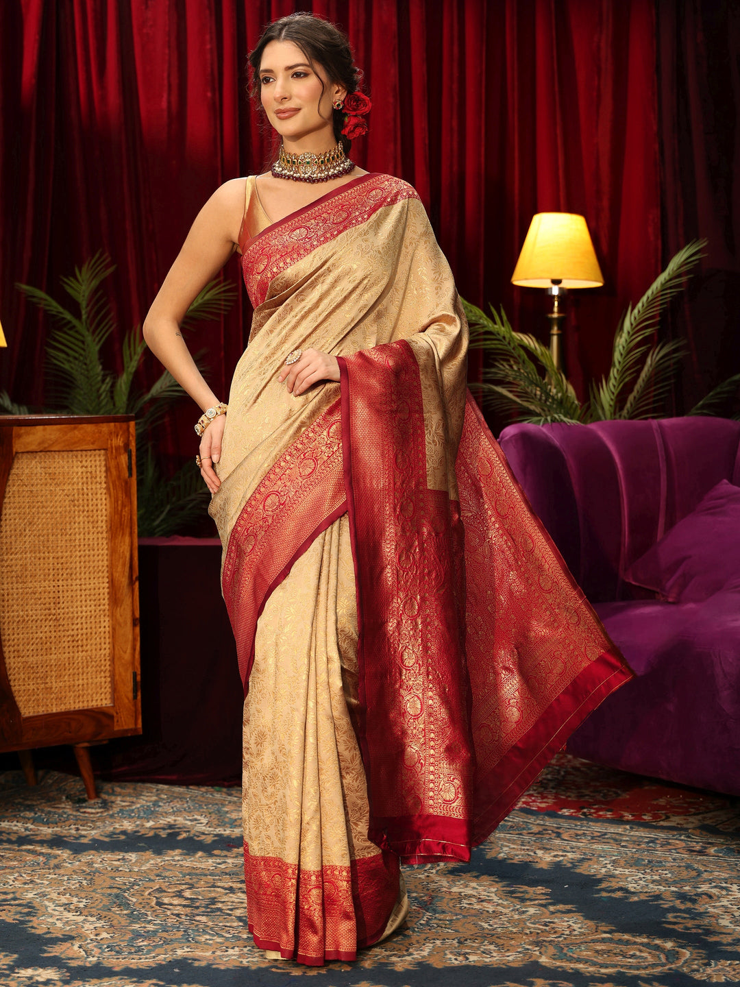  Libas Gold Floral Woven Design Silk Blend Saree 
