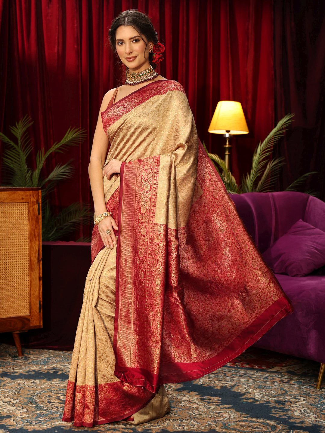  Libas Gold Floral Woven Design Silk Blend Saree 