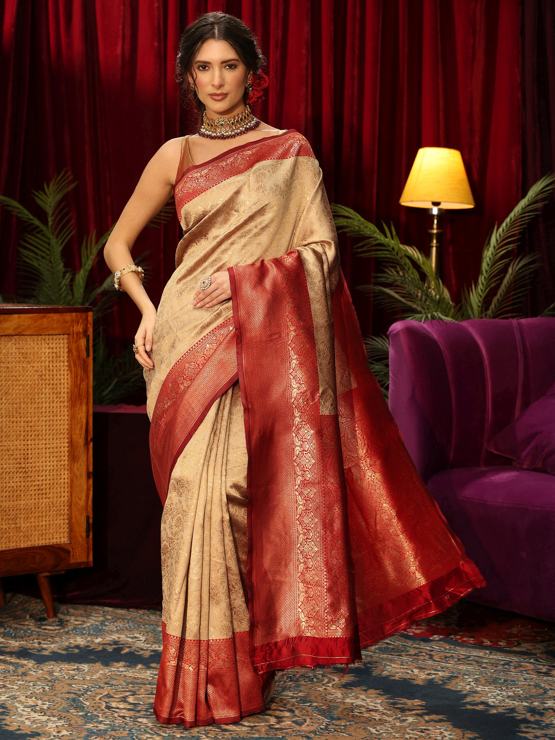  Libas Beige Floral Woven Design Silk Blend Saree 