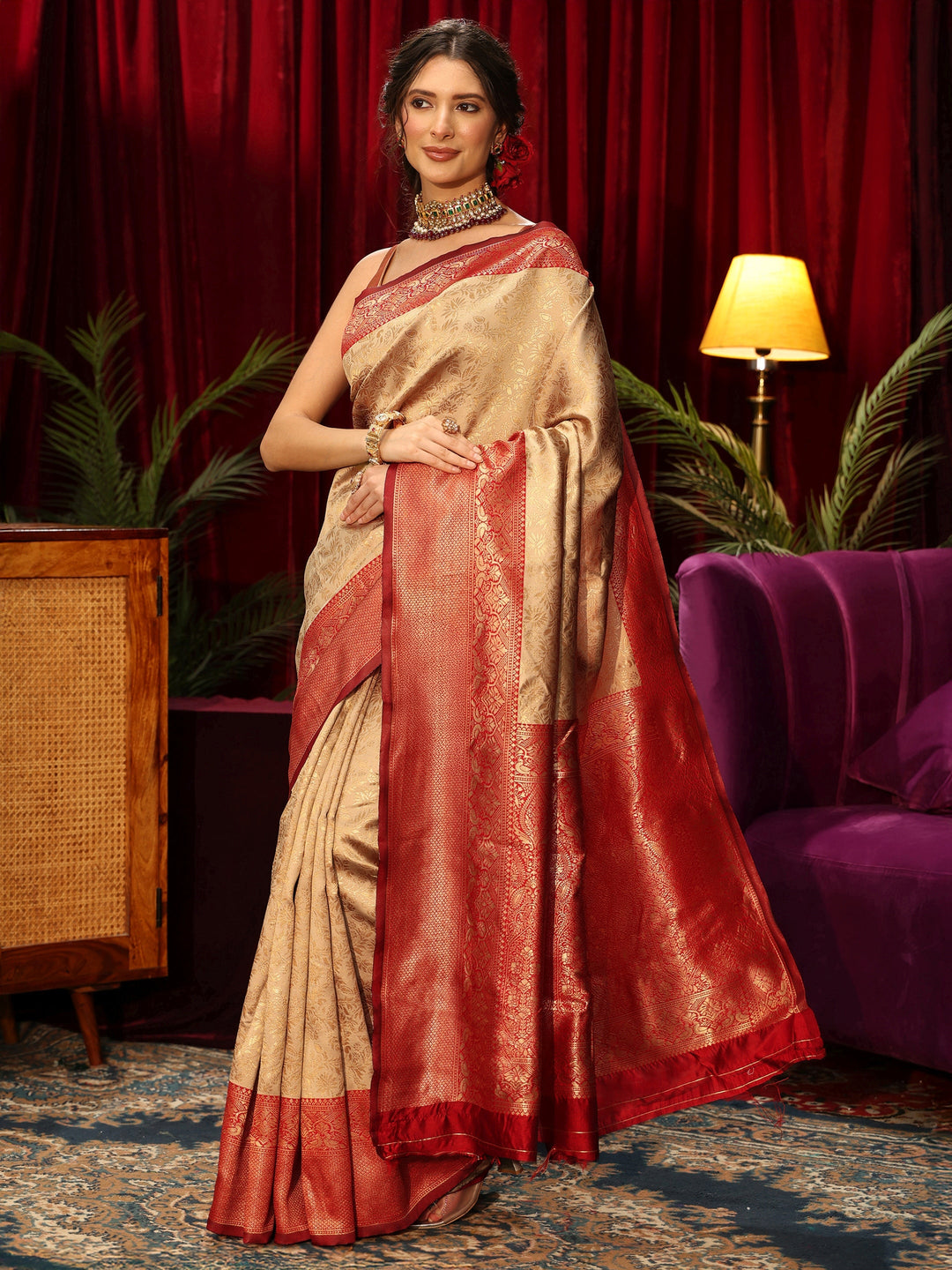 Libas Beige Floral Woven Design Silk Blend Saree 