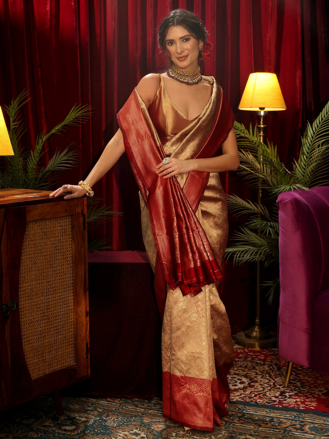  Libas Beige Floral Woven Design Silk Blend Saree 