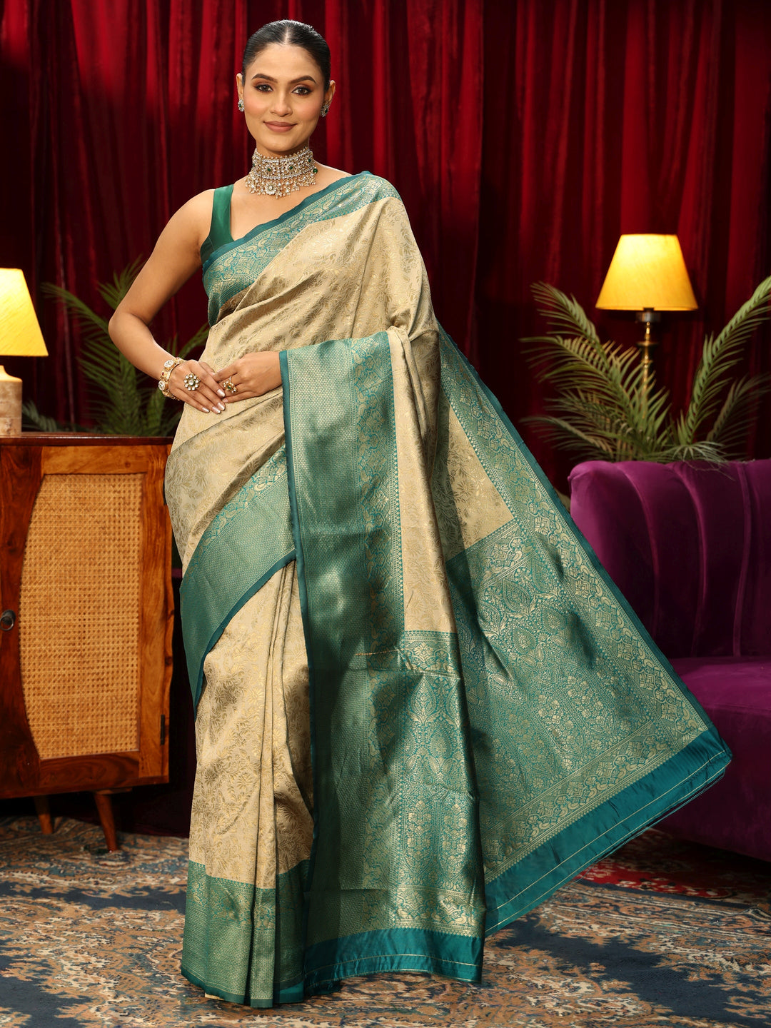  Libas Beige Floral Woven Design Silk Blend Saree 