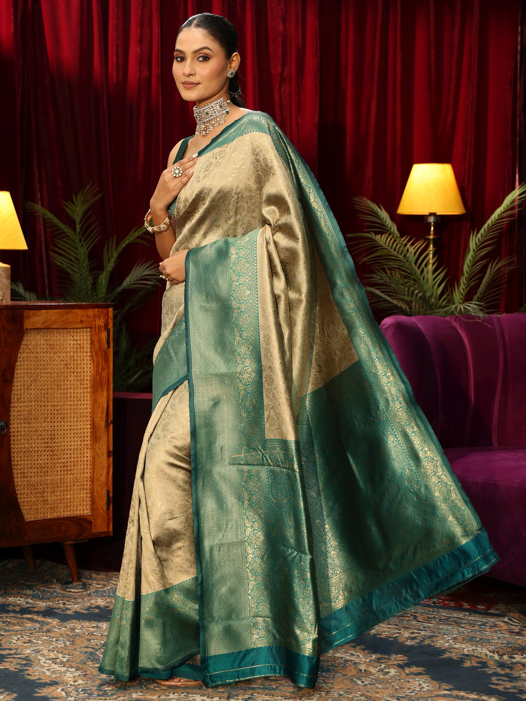  Libas Beige Floral Woven Design Silk Blend Saree 