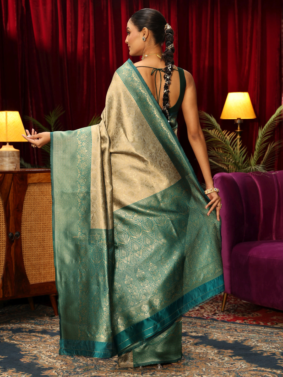  Libas Beige Floral Woven Design Silk Blend Saree 