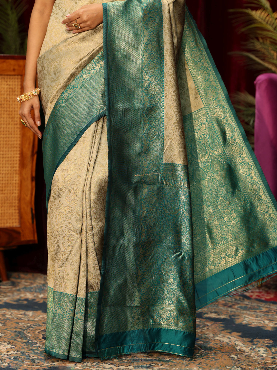  Libas Beige Floral Woven Design Silk Blend Saree 