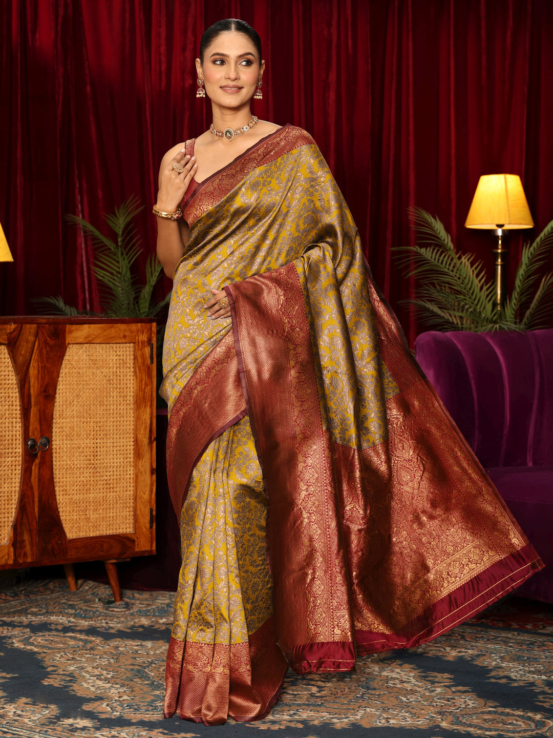  Libas Mustard and Brown Floral Woven Design Silk Blend Saree 