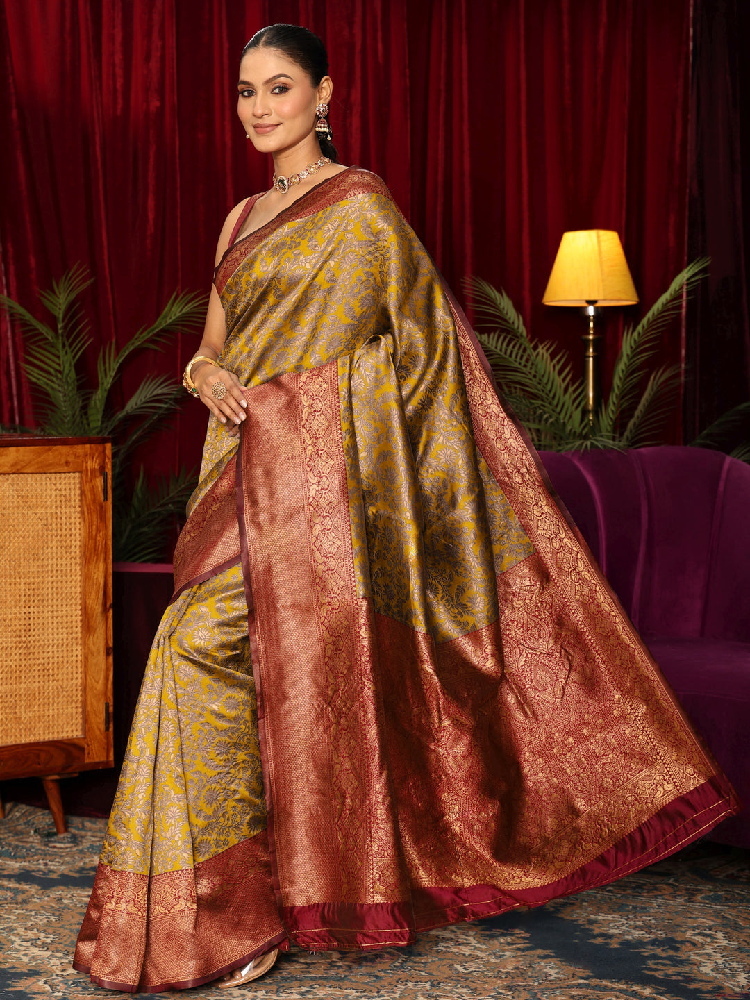  Libas Mustard and Brown Floral Woven Design Silk Blend Saree 