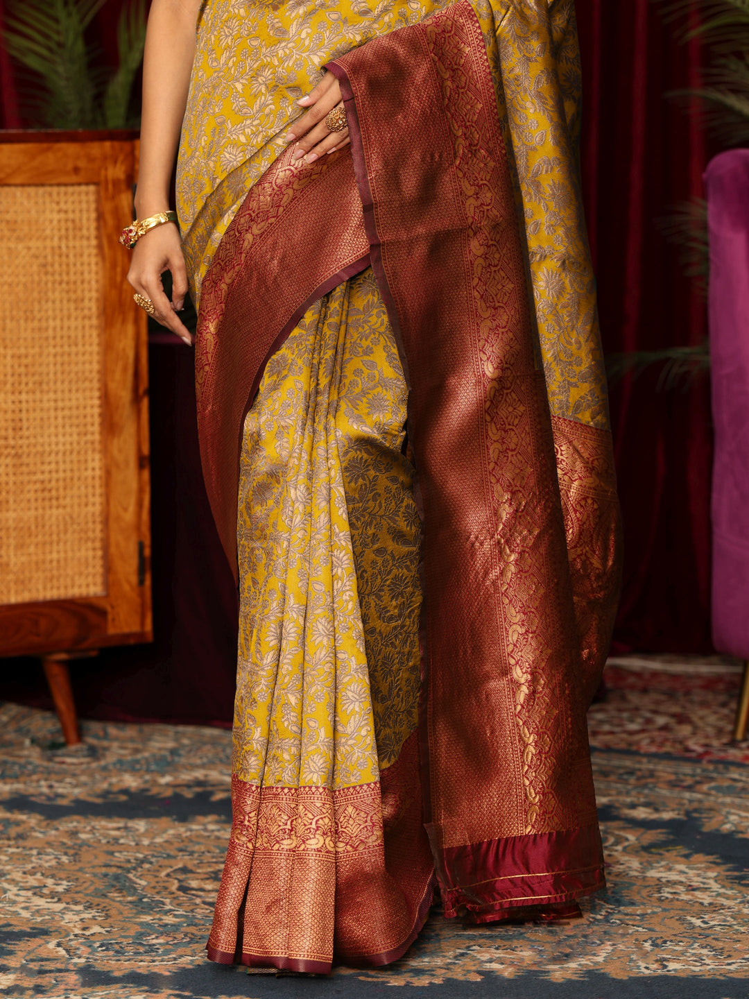  Libas Mustard and Brown Floral Woven Design Silk Blend Saree 