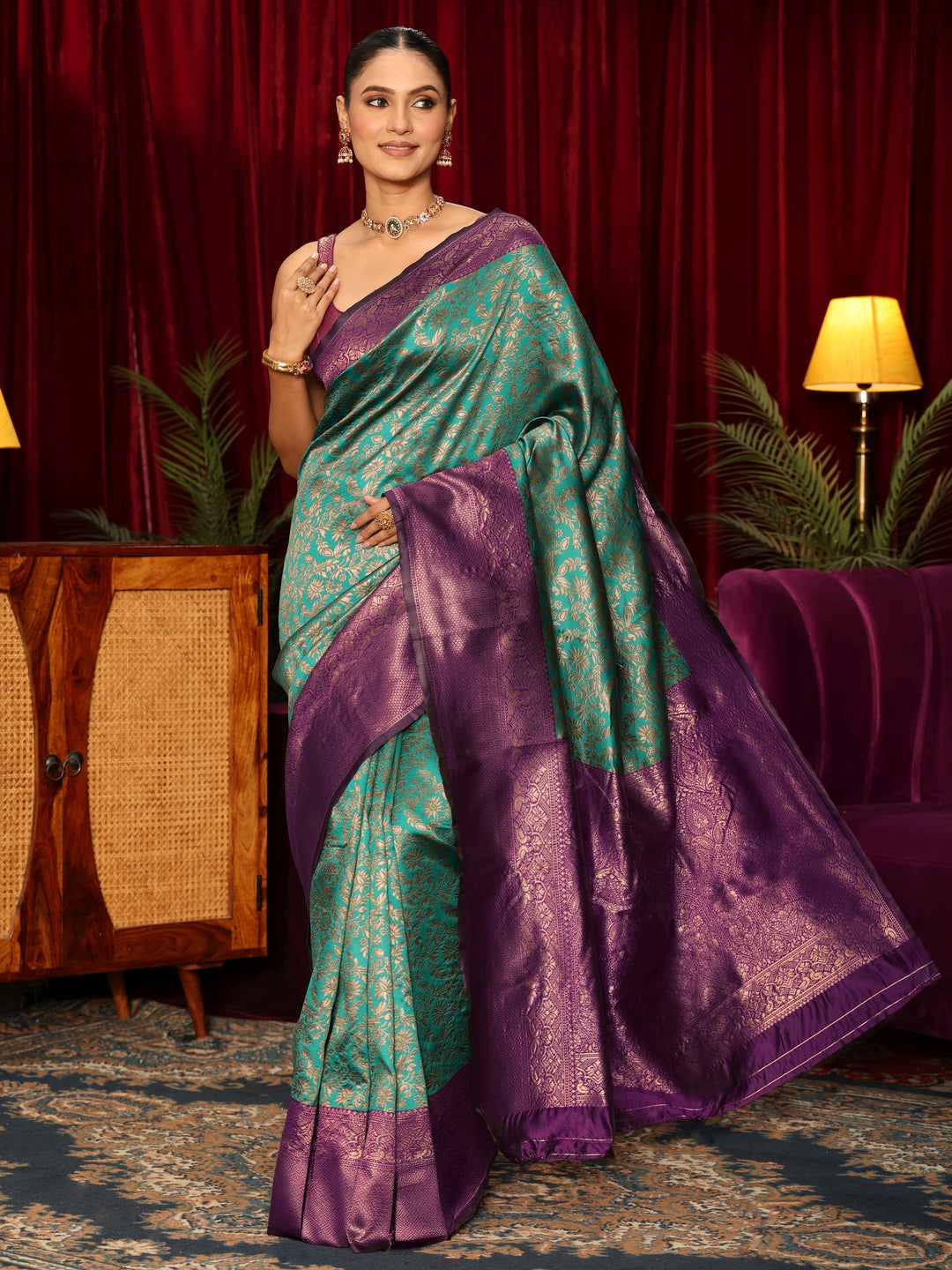  Libas Teal Blue Floral Woven Design Silk Blend Saree 