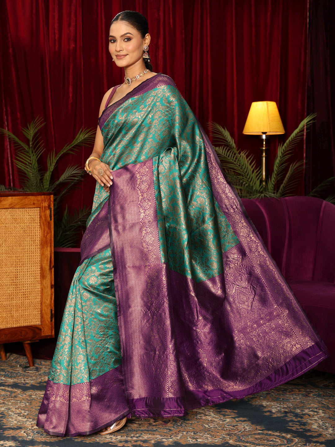  Libas Teal Blue Floral Woven Design Silk Blend Saree 