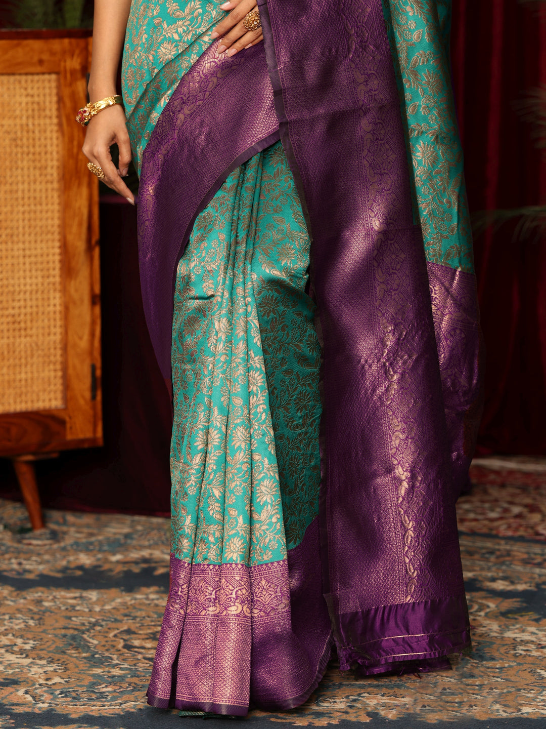  Libas Teal Blue Floral Woven Design Silk Blend Saree 