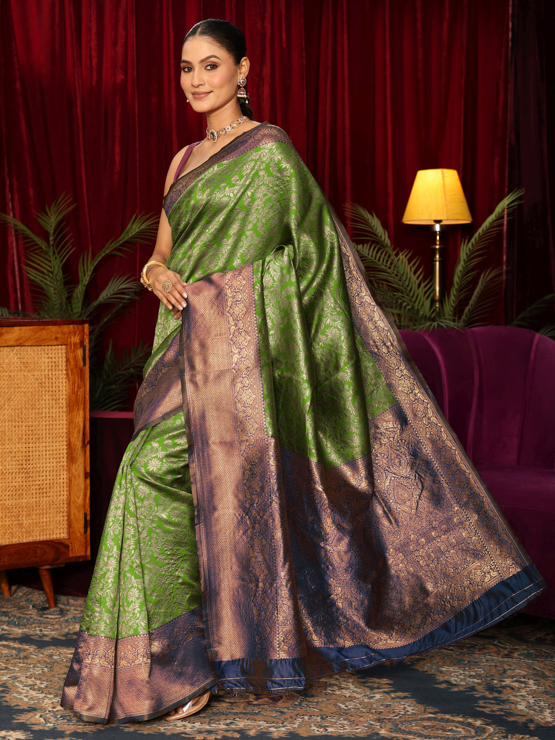  Libas Green and Blue Floral Woven Design Silk Blend Saree 