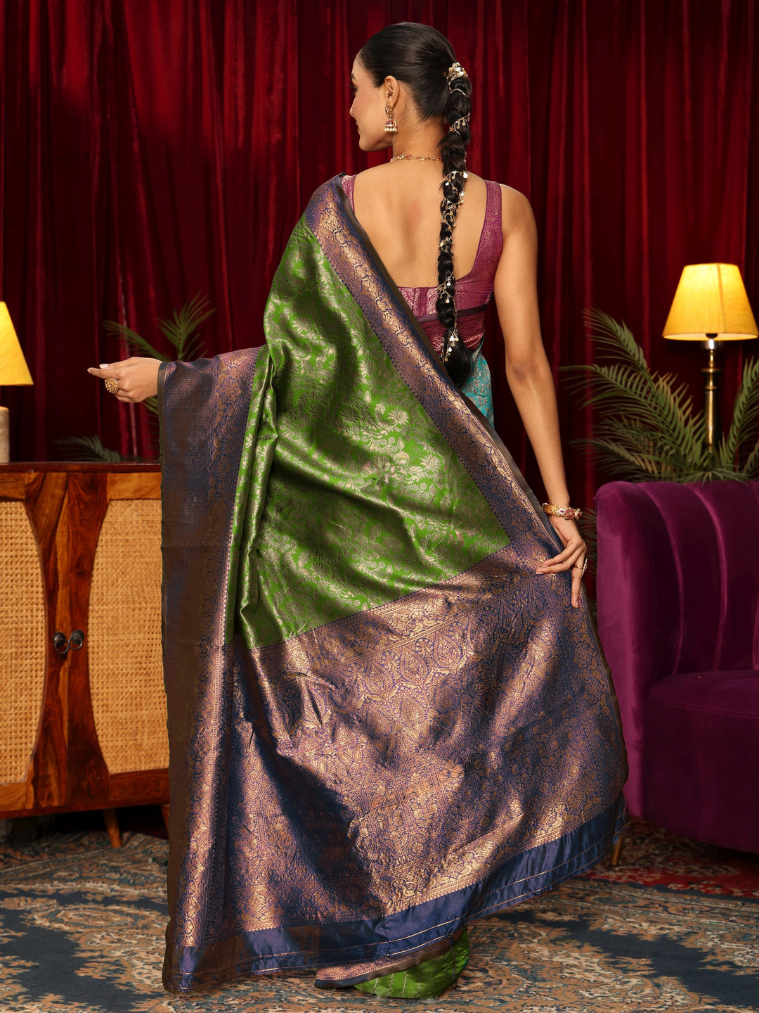  Libas Green and Blue Floral Woven Design Silk Blend Saree 