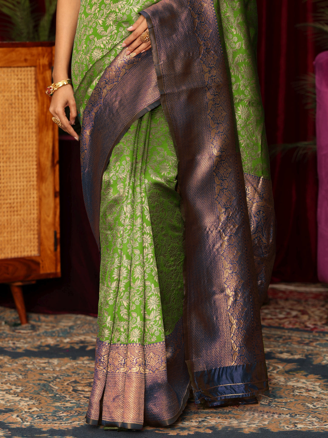  Libas Green and Blue Floral Woven Design Silk Blend Saree 