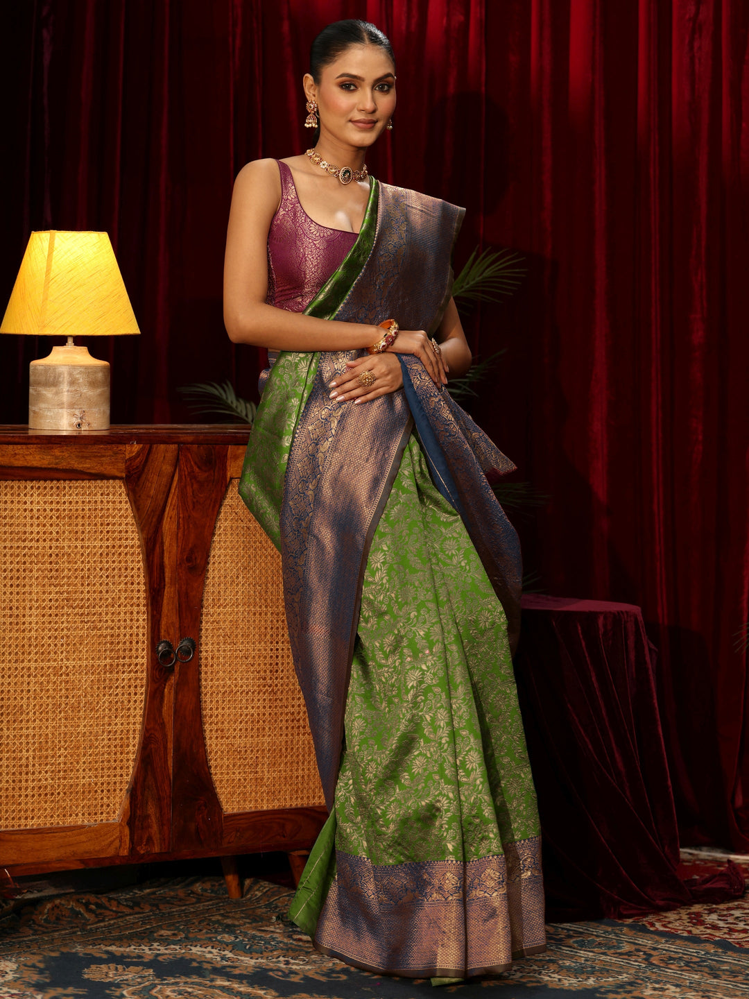 Libas Green and Blue Floral Woven Design Silk Blend Saree 