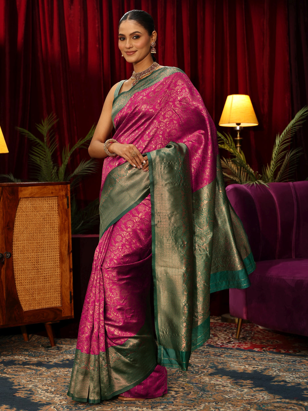  Libas Magenta Pink Floral Woven Design Silk Blend Saree 