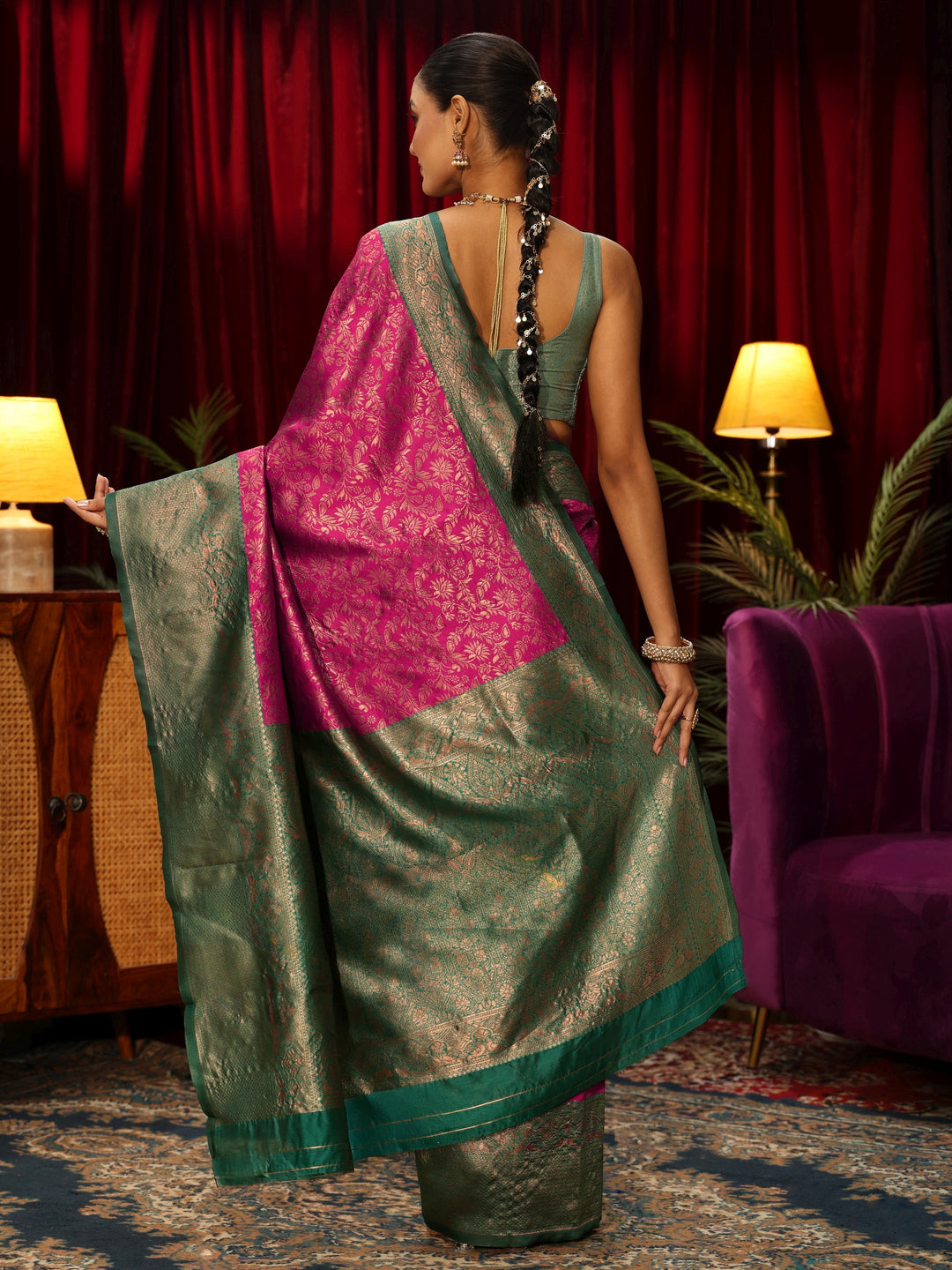  Libas Magenta Pink Floral Woven Design Silk Blend Saree 