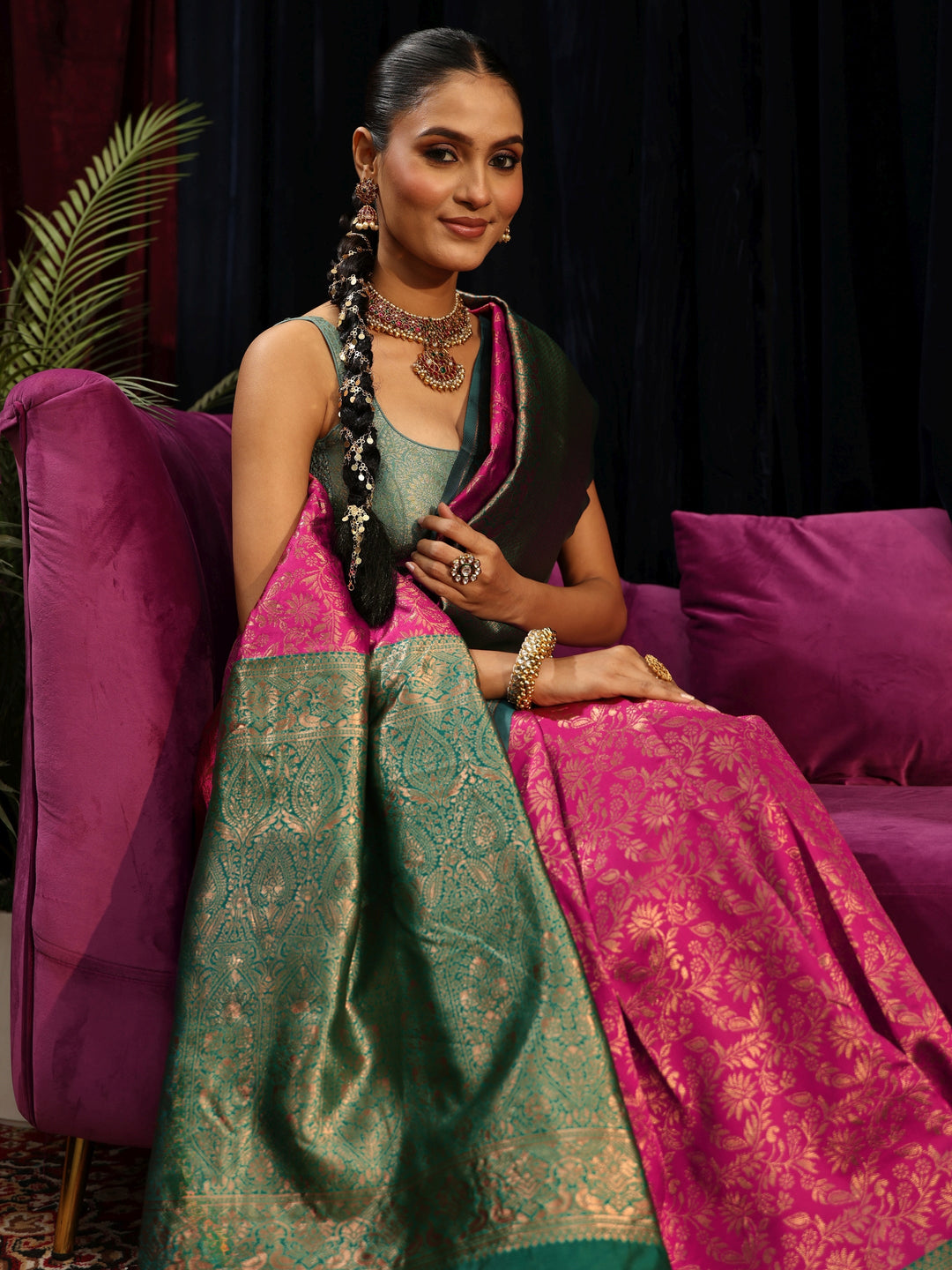  Libas Magenta Pink Floral Woven Design Silk Blend Saree 