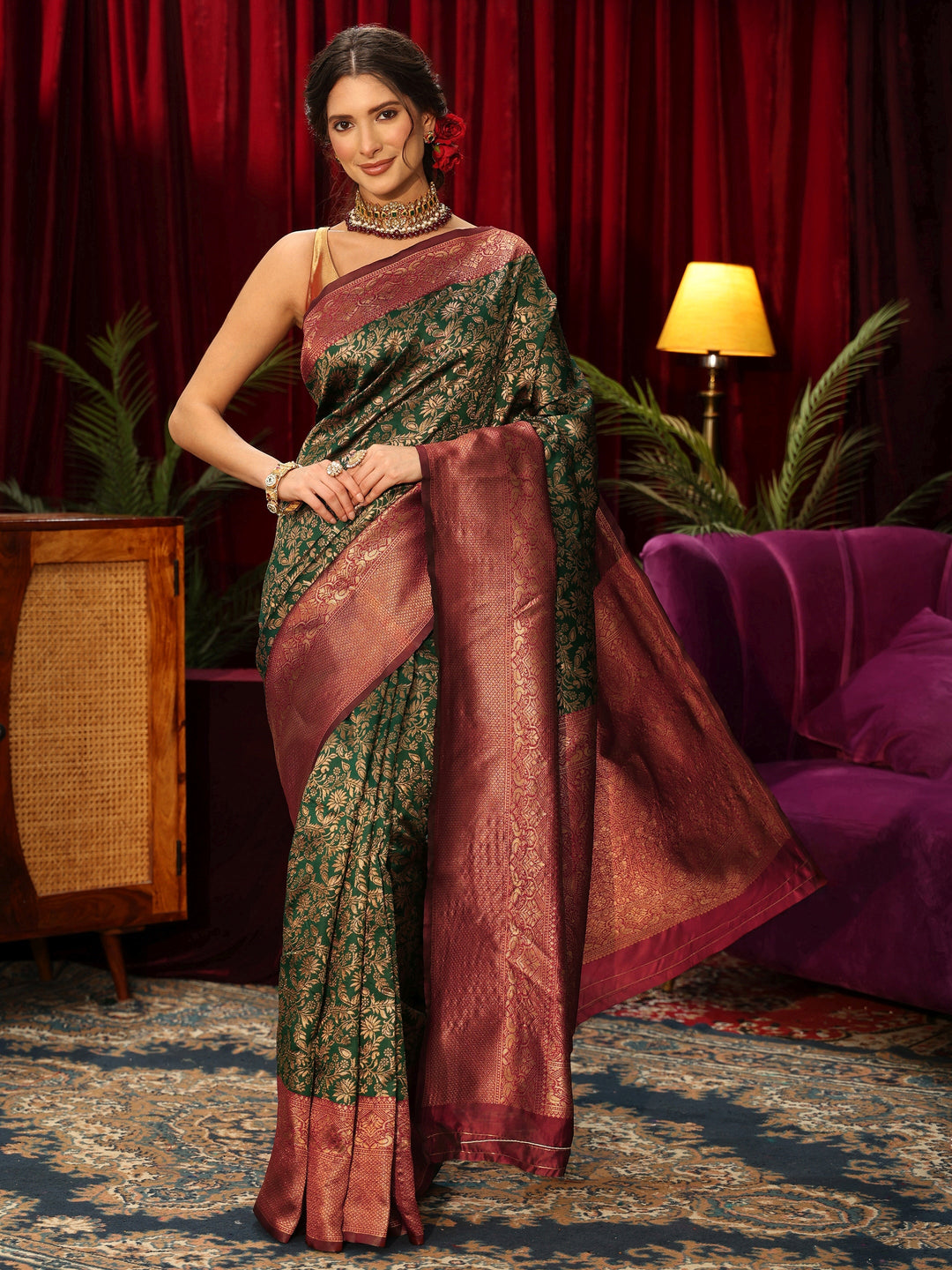  Libas Bottle Green Floral Woven Design Silk Blend Saree 