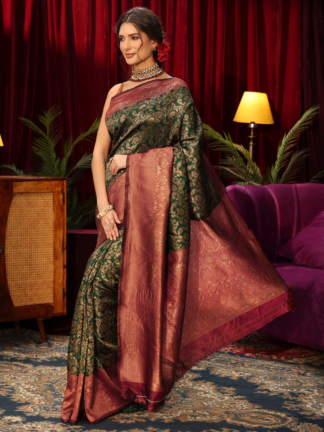  Libas Bottle Green Floral Woven Design Silk Blend Saree 
