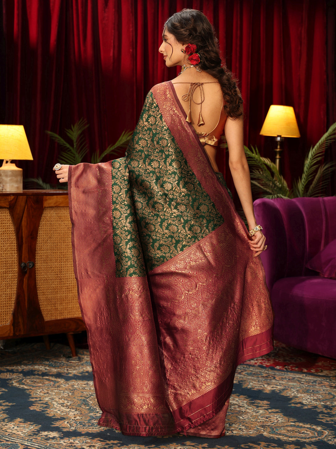  Libas Bottle Green Floral Woven Design Silk Blend Saree 