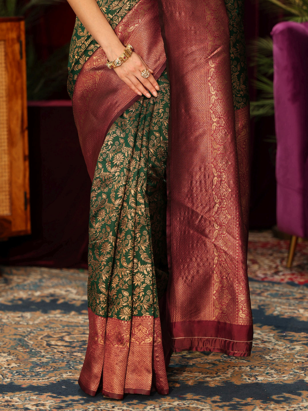  Libas Bottle Green Floral Woven Design Silk Blend Saree 