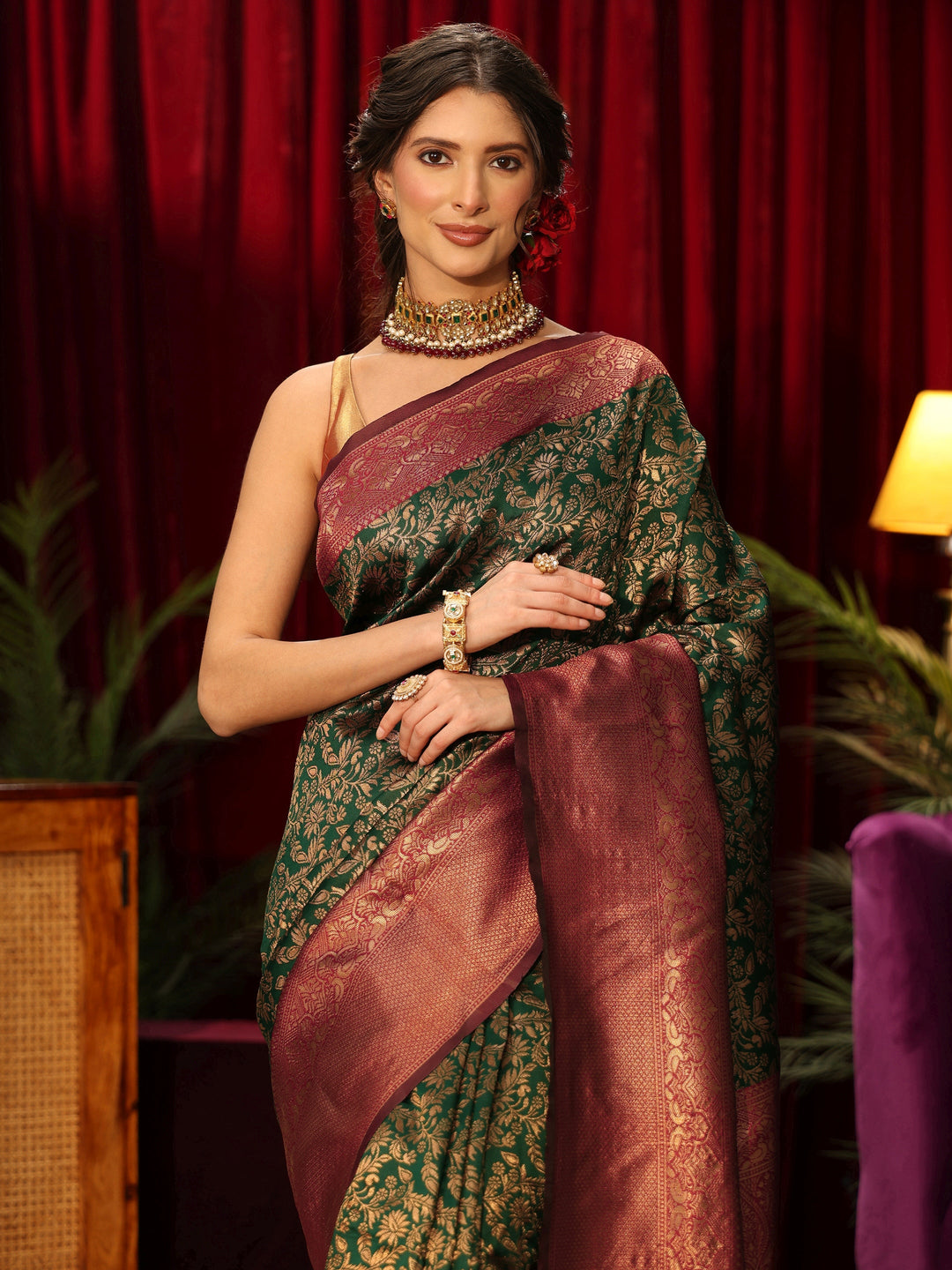  Libas Bottle Green Floral Woven Design Silk Blend Saree 