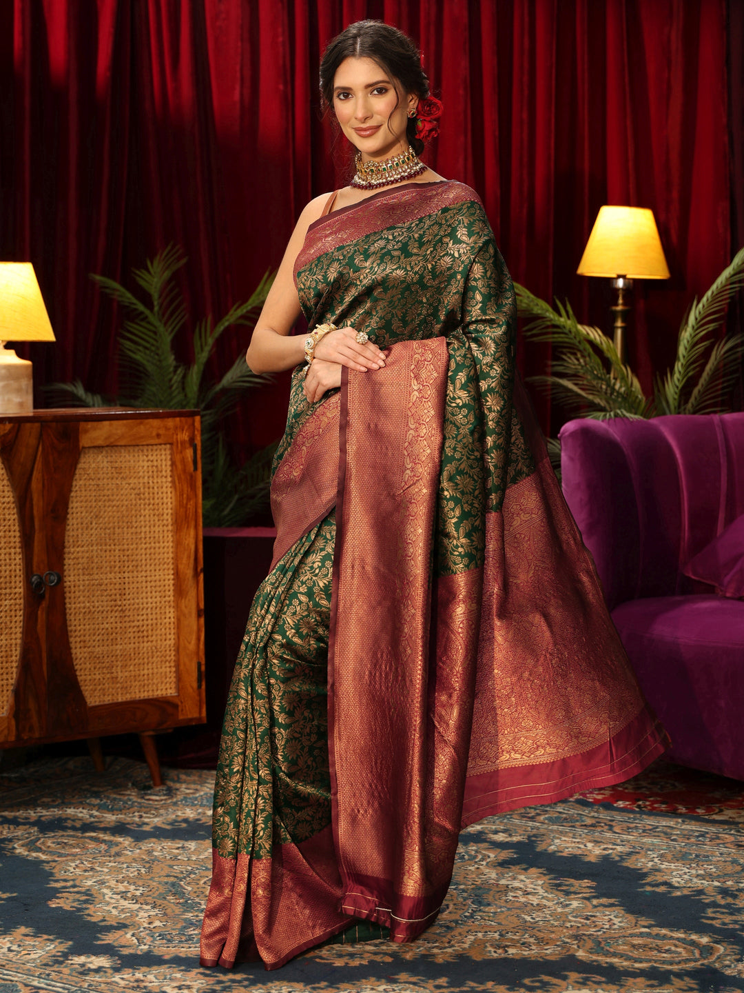  Libas Bottle Green Floral Woven Design Silk Blend Saree 