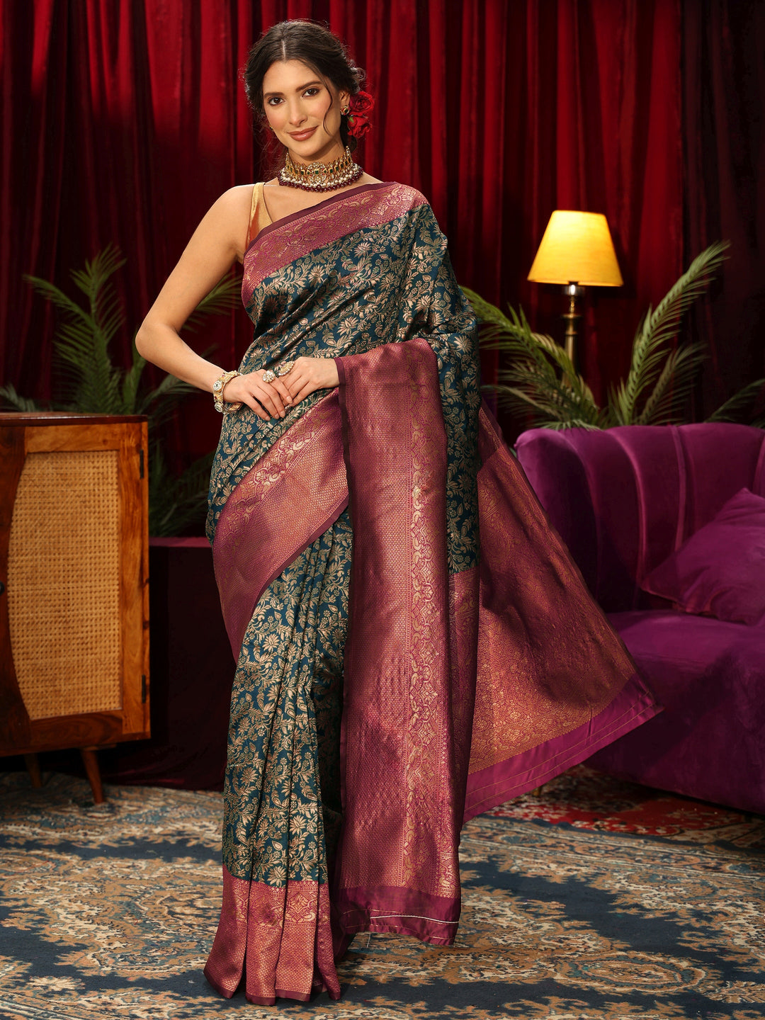 Libas Blue and Maroon Floral Woven Design Silk Blend Saree 