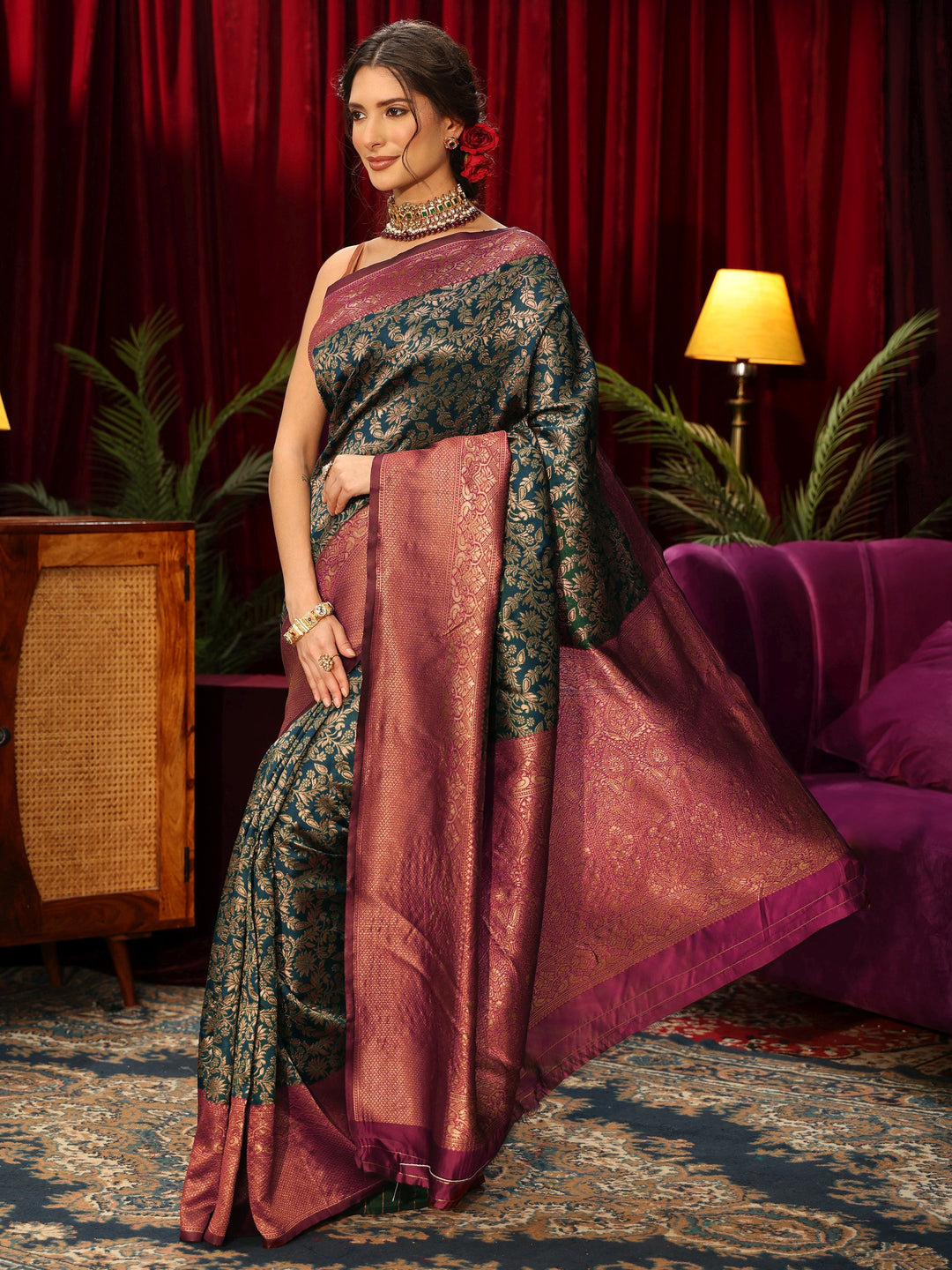  Libas Blue and Maroon Floral Woven Design Silk Blend Saree 