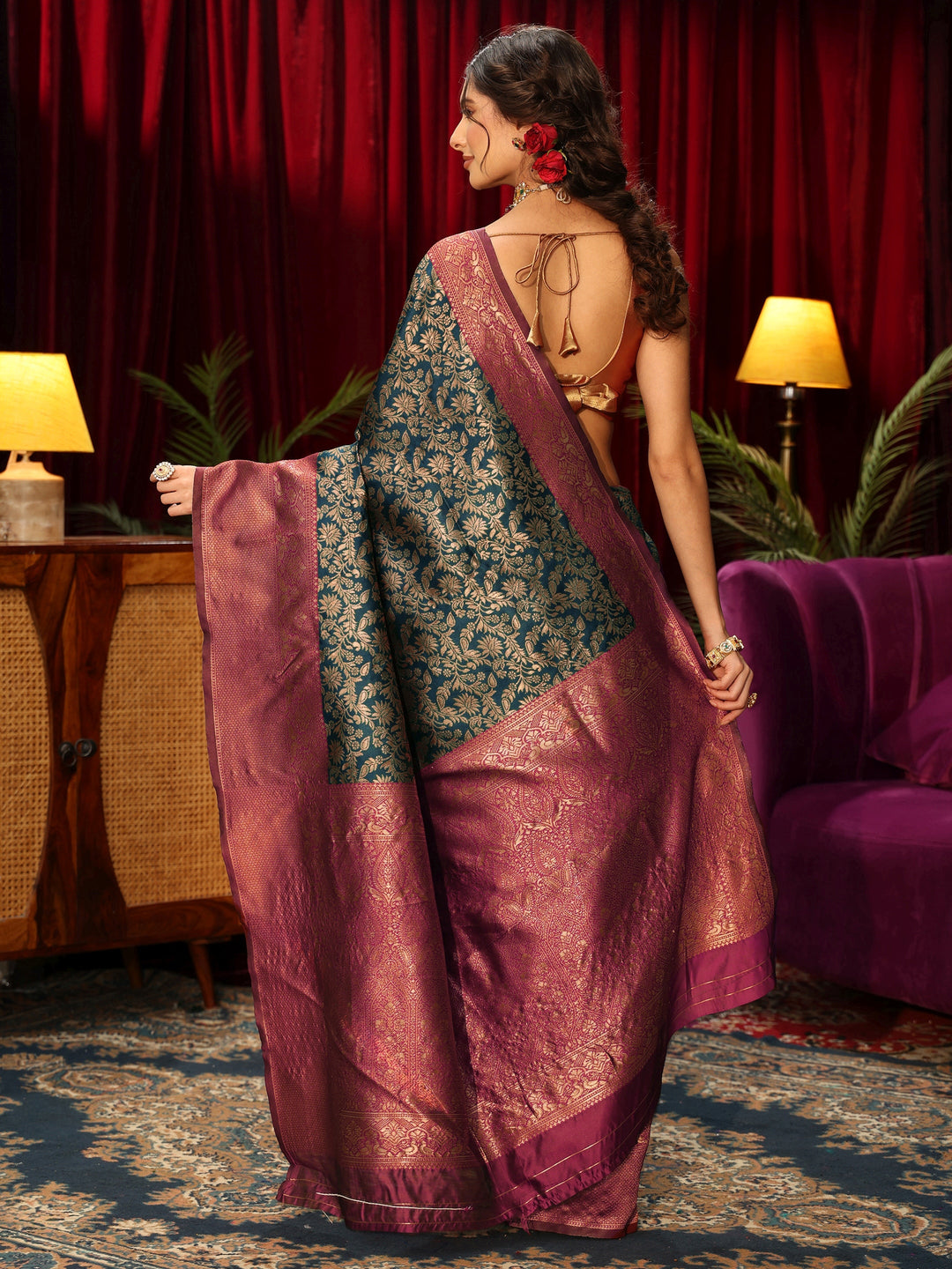  Libas Blue and Maroon Floral Woven Design Silk Blend Saree 