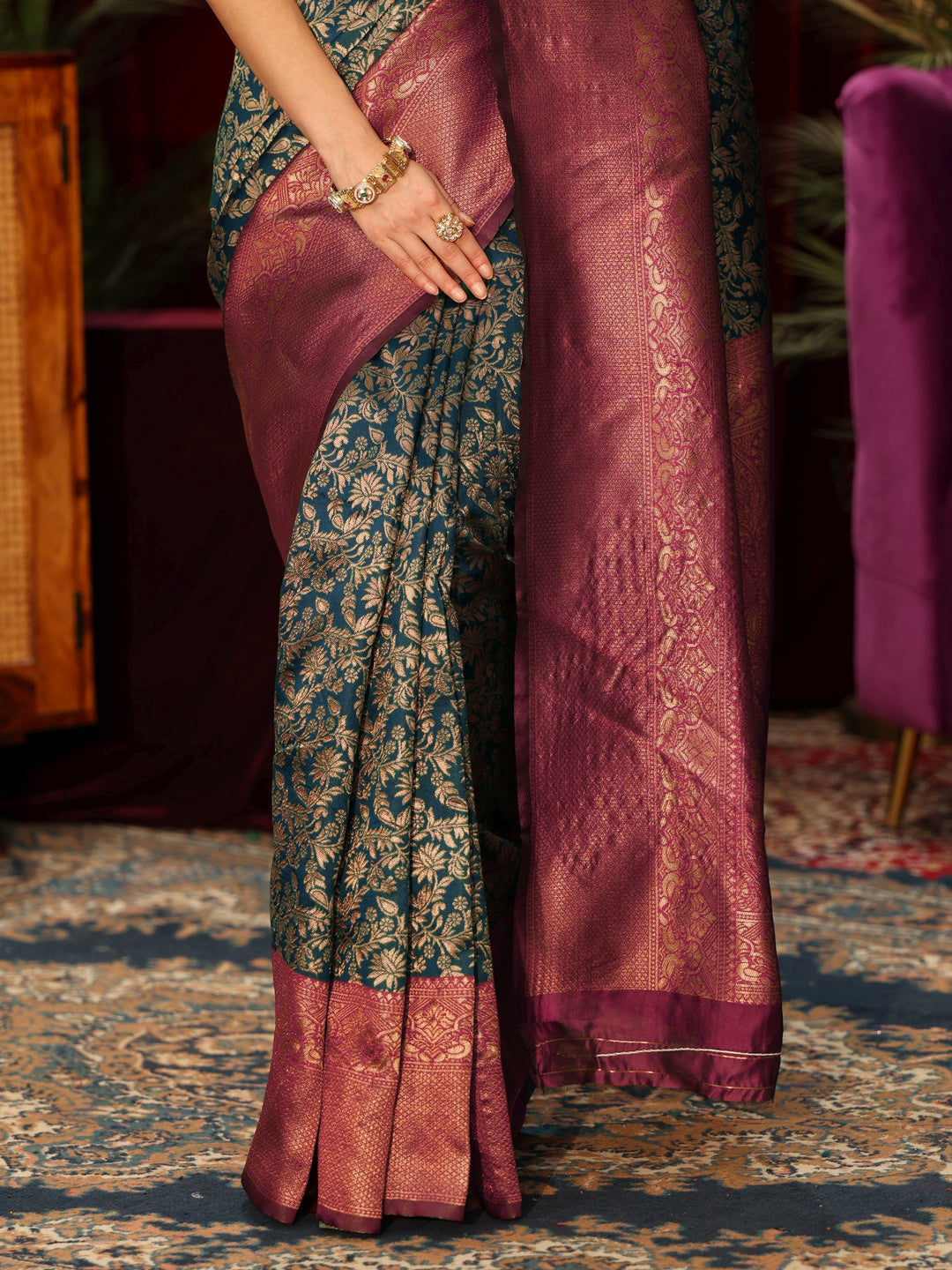  Libas Blue and Maroon Floral Woven Design Silk Blend Saree 